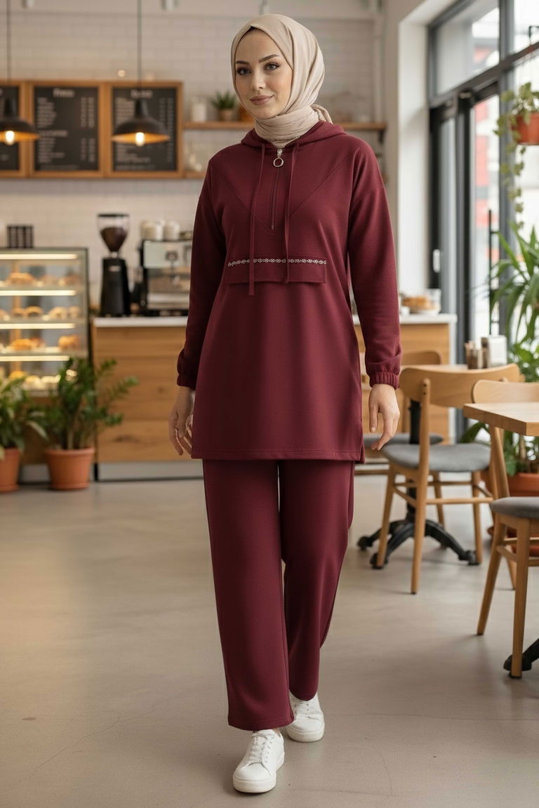 Taş Detaylı Bileği Lastikli Modal İkili Takım - 1001-BORDO - TOFİSA