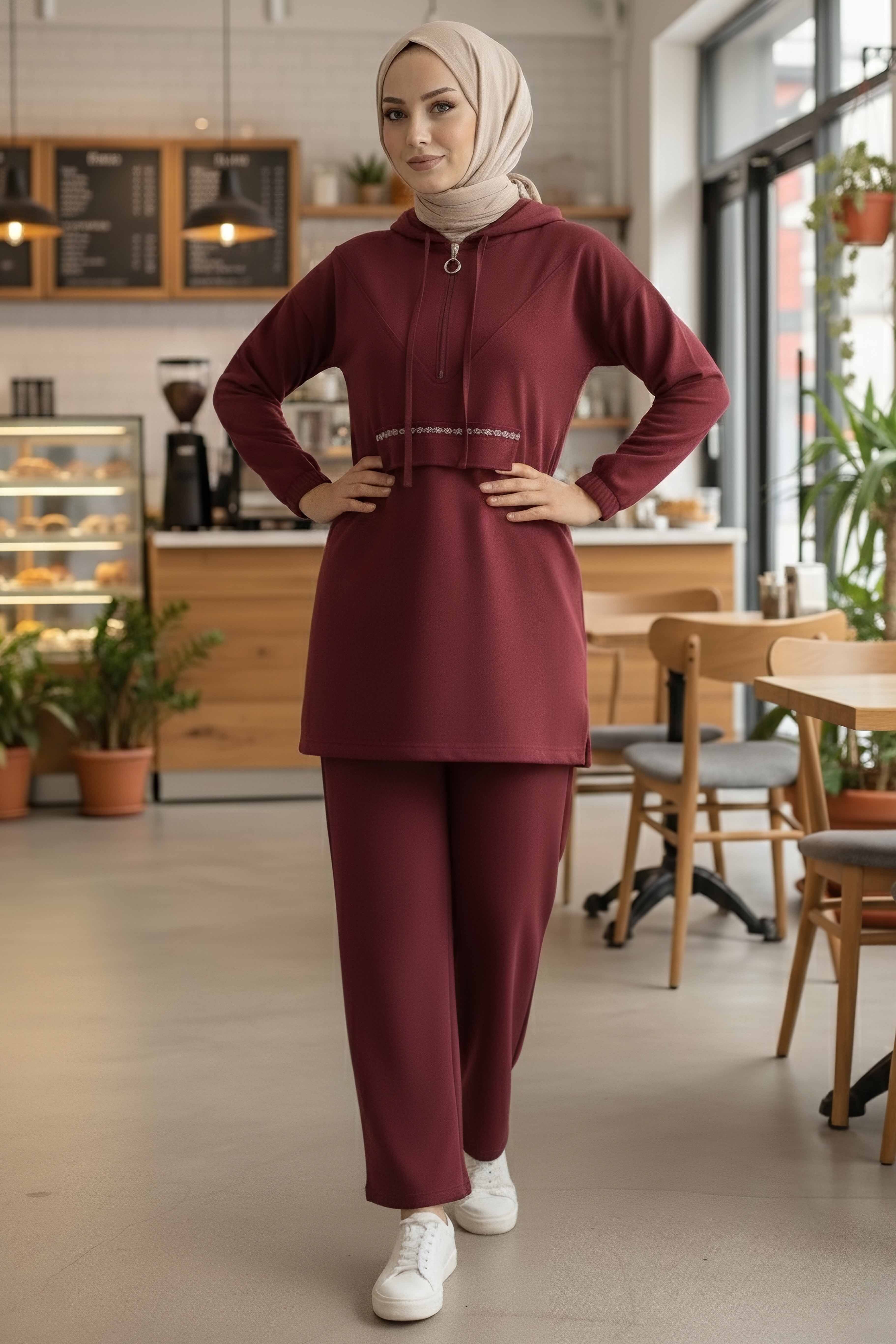 Taş Detaylı Bileği Lastikli Modal İkili Takım - 1001-BORDO - 2