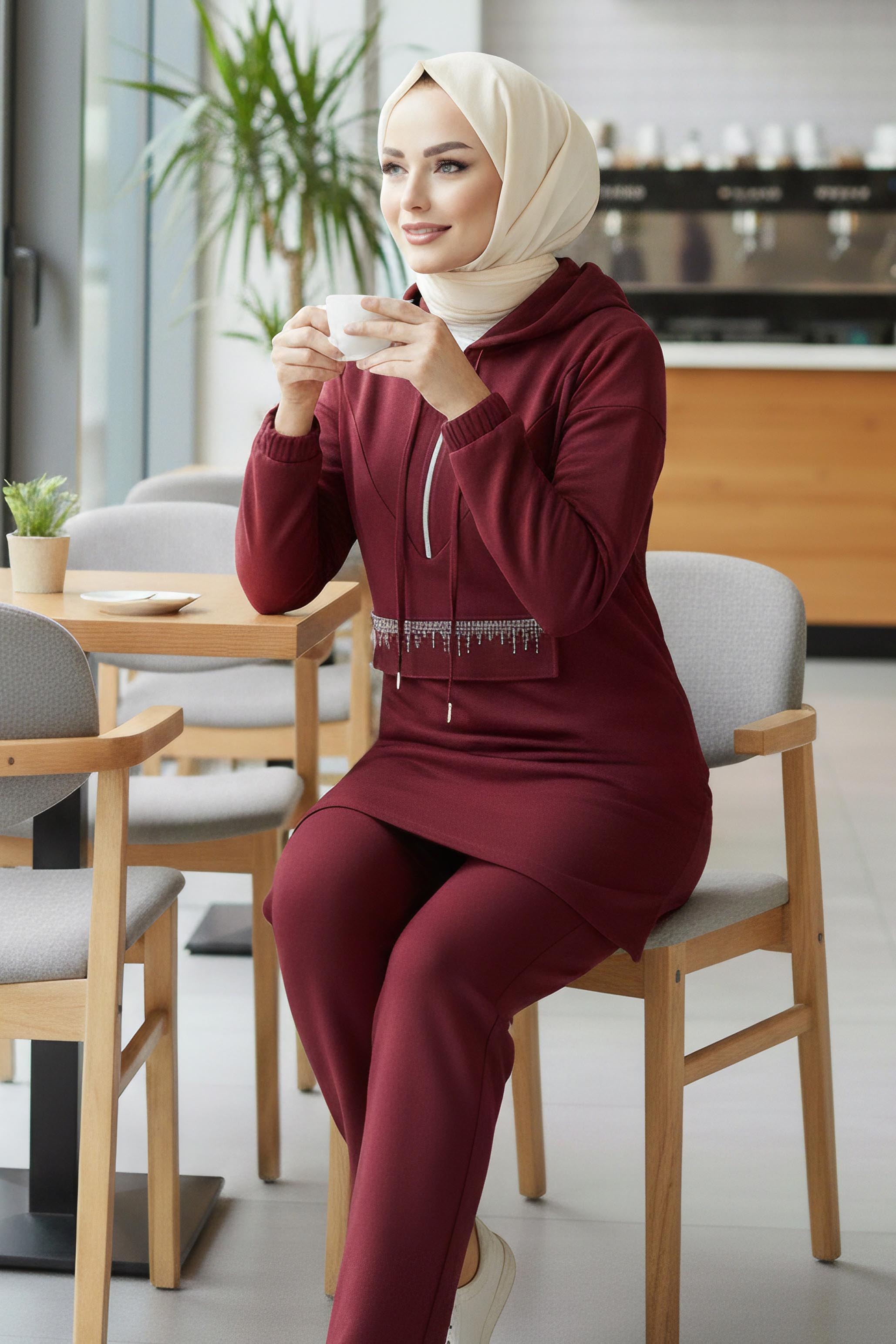 Taş Detaylı Bileği Lastikli Modal İkili Takım - 1001-BORDO - 2