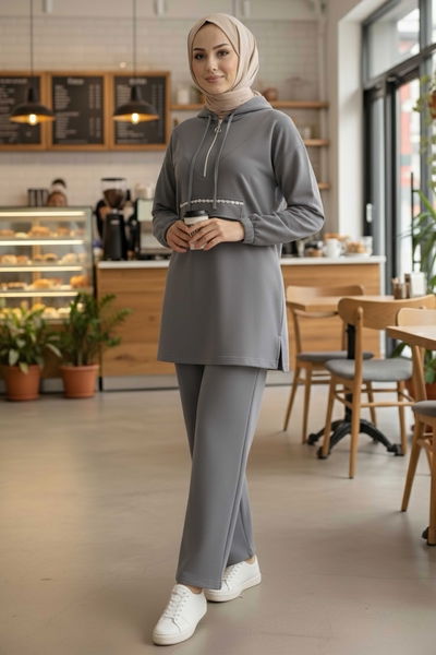 Taş Detaylı Bileği Lastikli Modal İkili Takım - 1001-FUME 