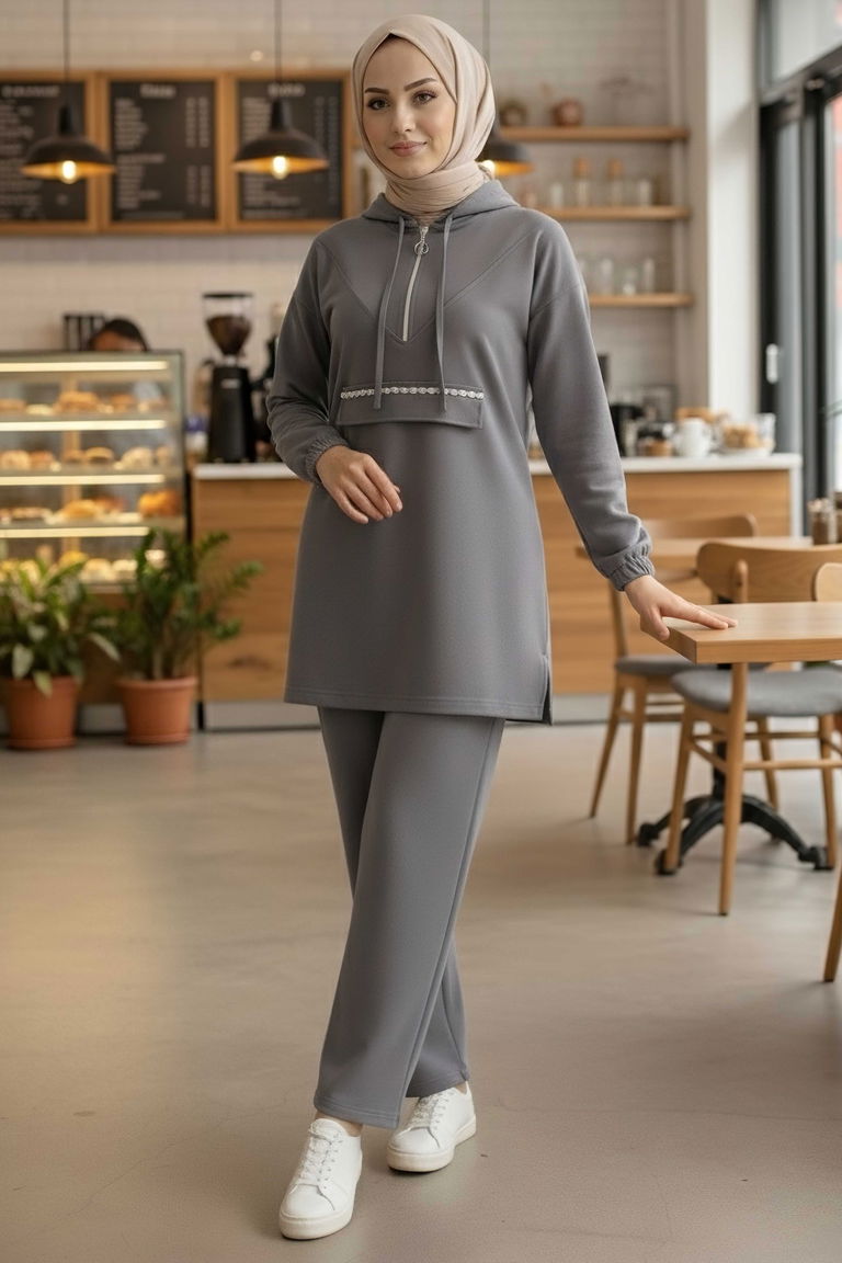 Taş Detaylı Bileği Lastikli Modal İkili Takım - 1001-FUME - TOFİSA