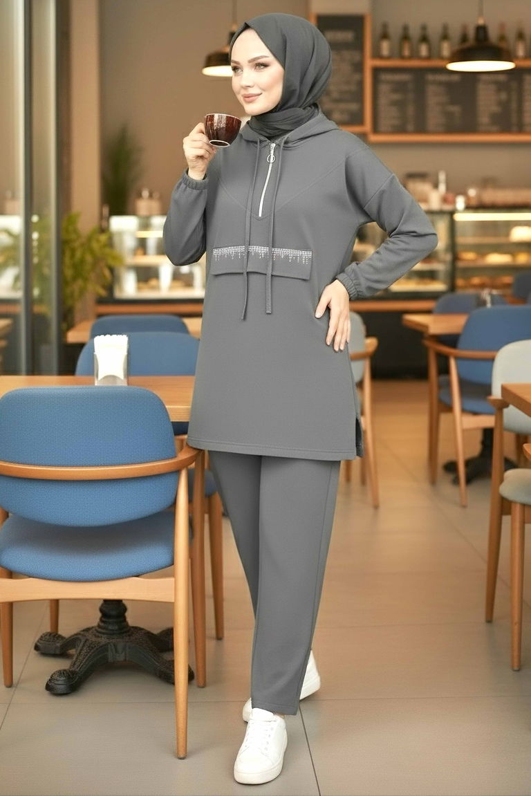 Taş Detaylı Bileği Lastikli Modal İkili Takım - 1001-FUME - TOFİSA