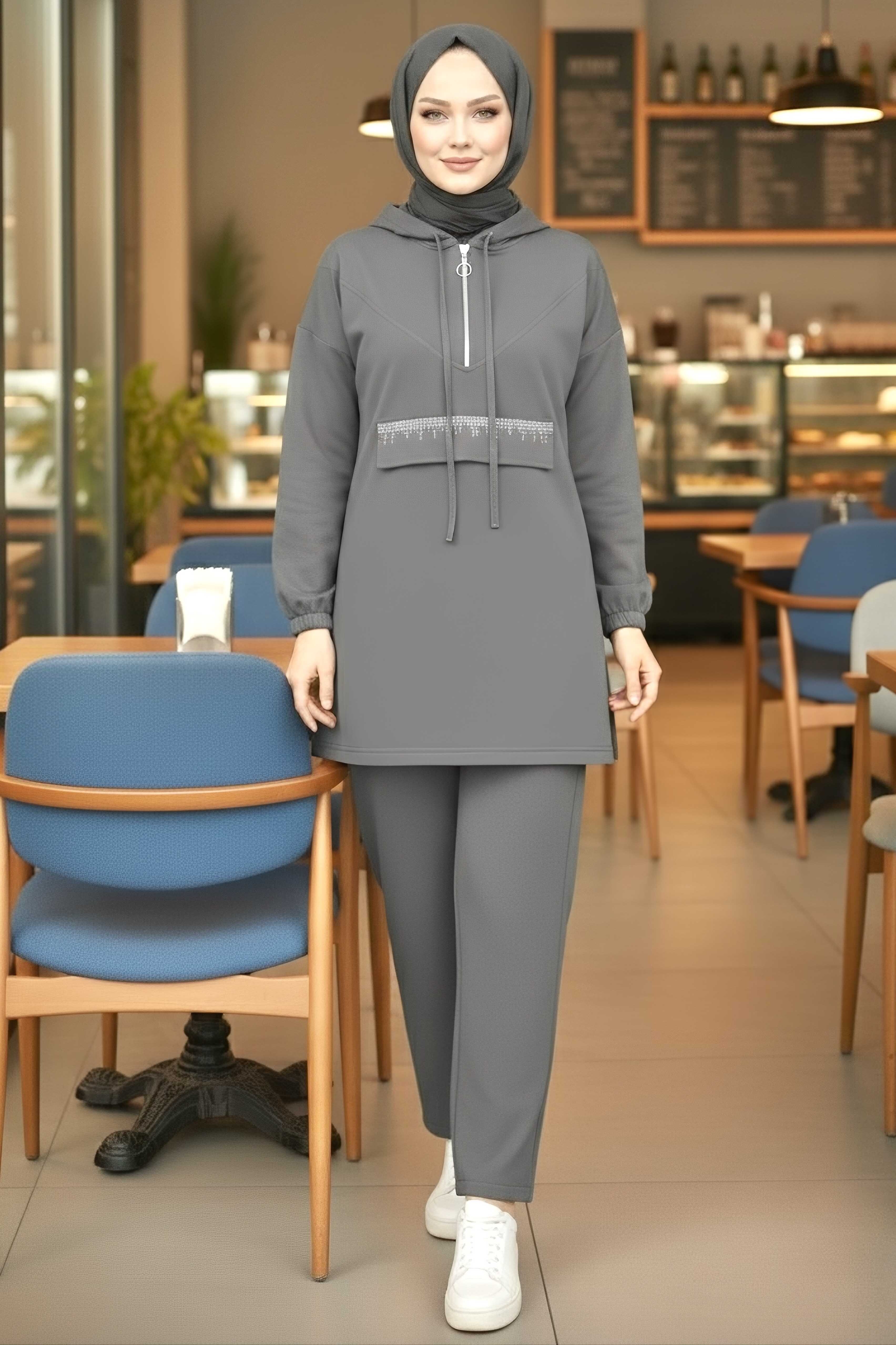 Taş Detaylı Bileği Lastikli Modal İkili Takım - 1001-FUME - 1