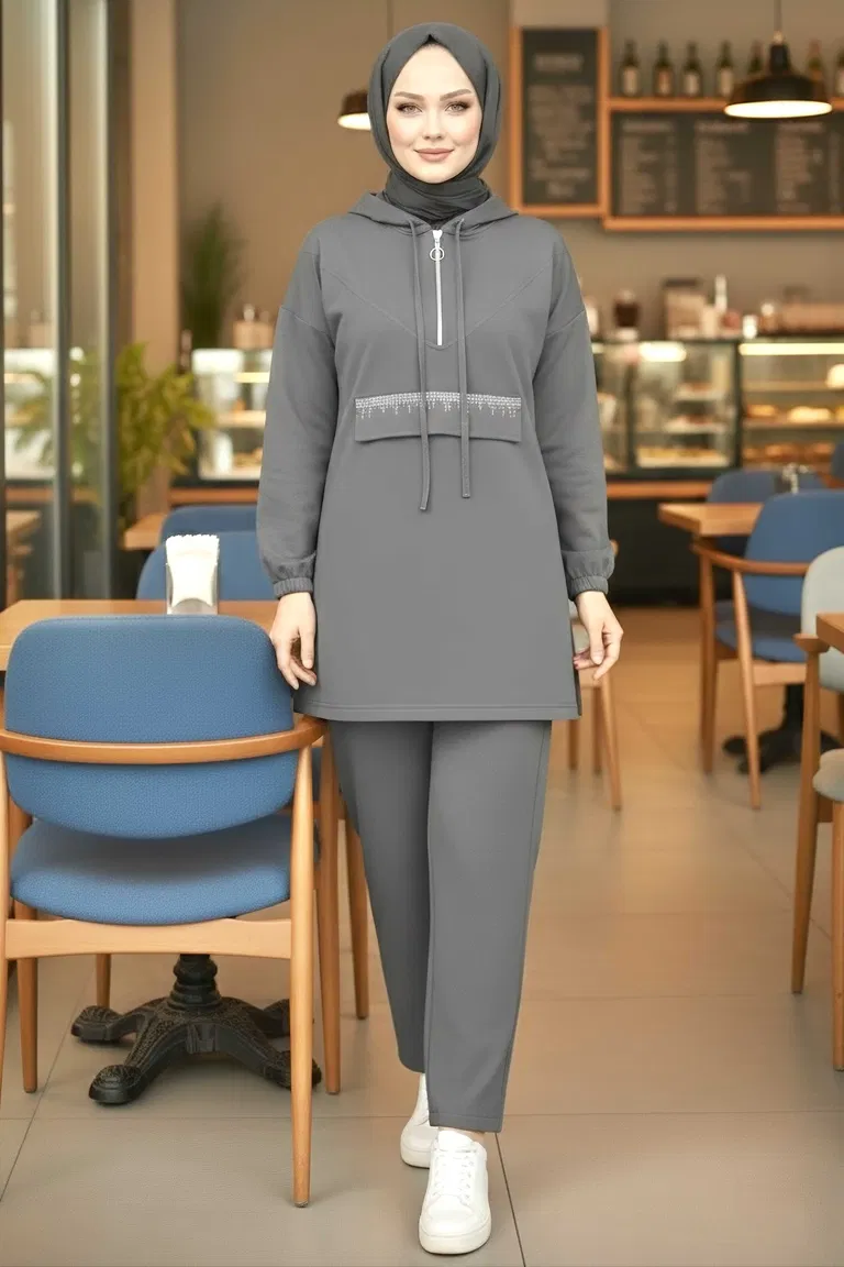 Taş Detaylı Bileği Lastikli Modal İkili Takım - 1001-FUME - TOFİSA