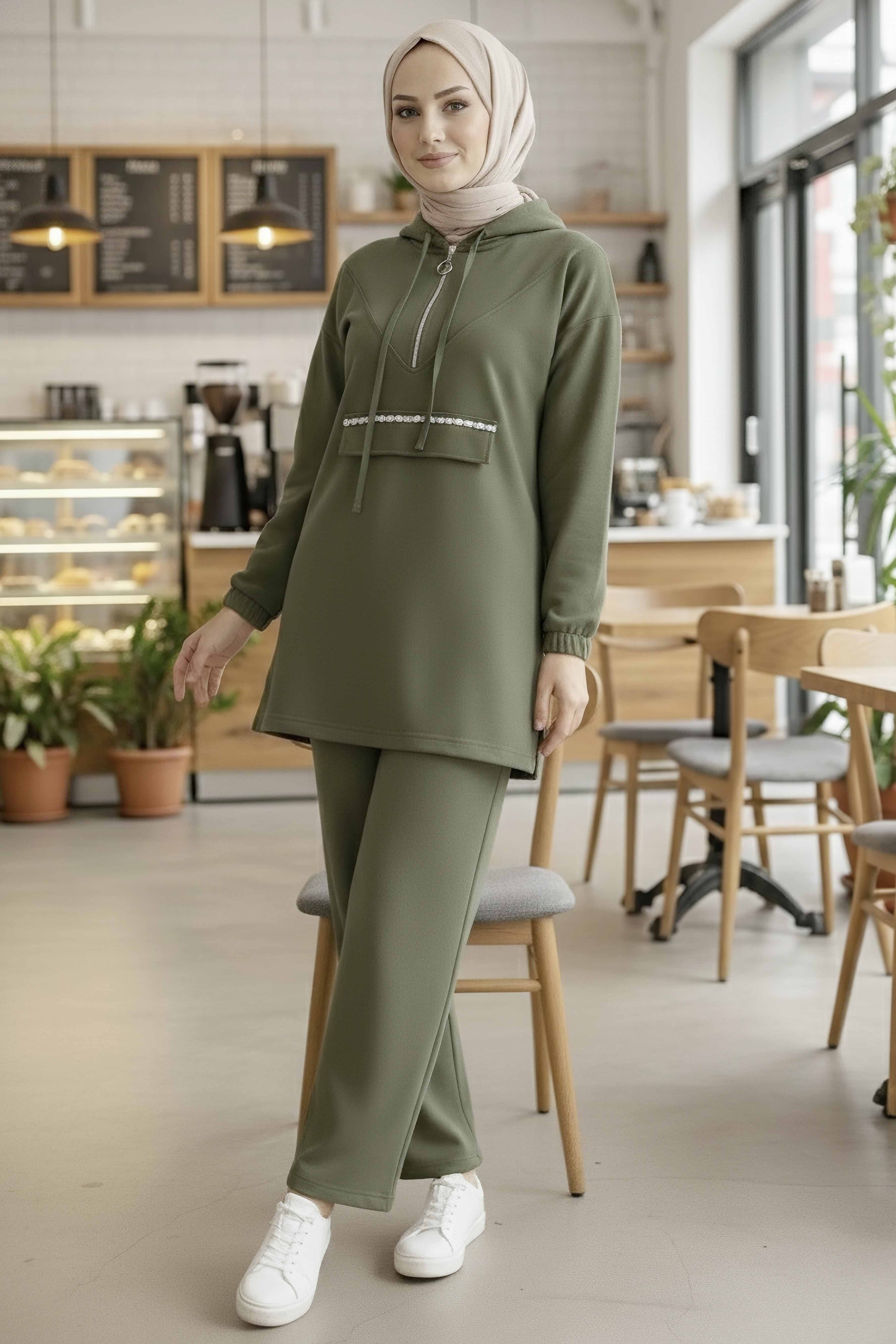 Taş Detaylı Bileği Lastikli Modal İkili Takım - 1001-HAKI - 1