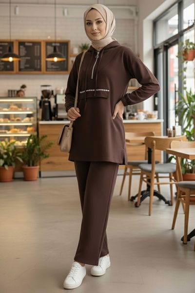 Taş Detaylı Bileği Lastikli Modal İkili Takım - 1001-KAHVE 