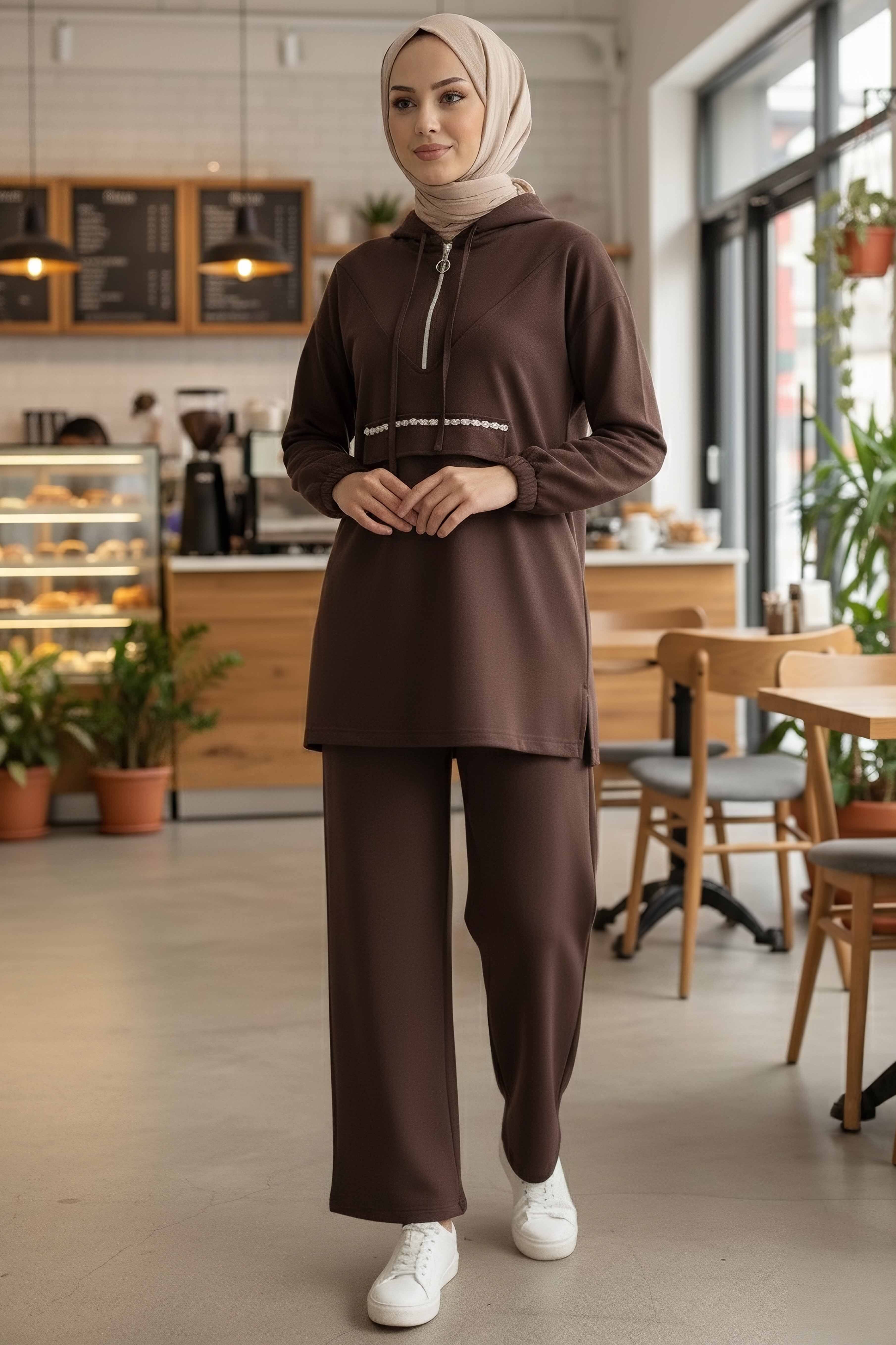 Taş Detaylı Bileği Lastikli Modal İkili Takım - 1001-KAHVE - 2