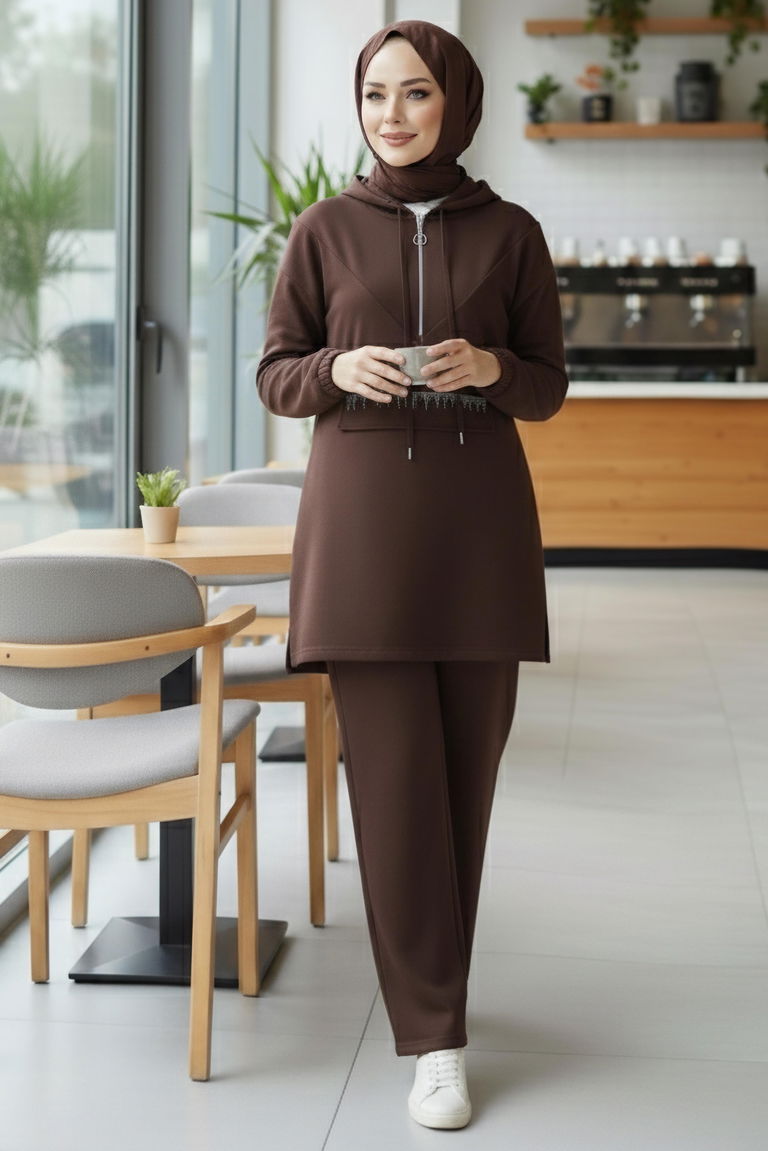 Taş Detaylı Bileği Lastikli Modal İkili Takım - 1001-KAHVE - TOFİSA