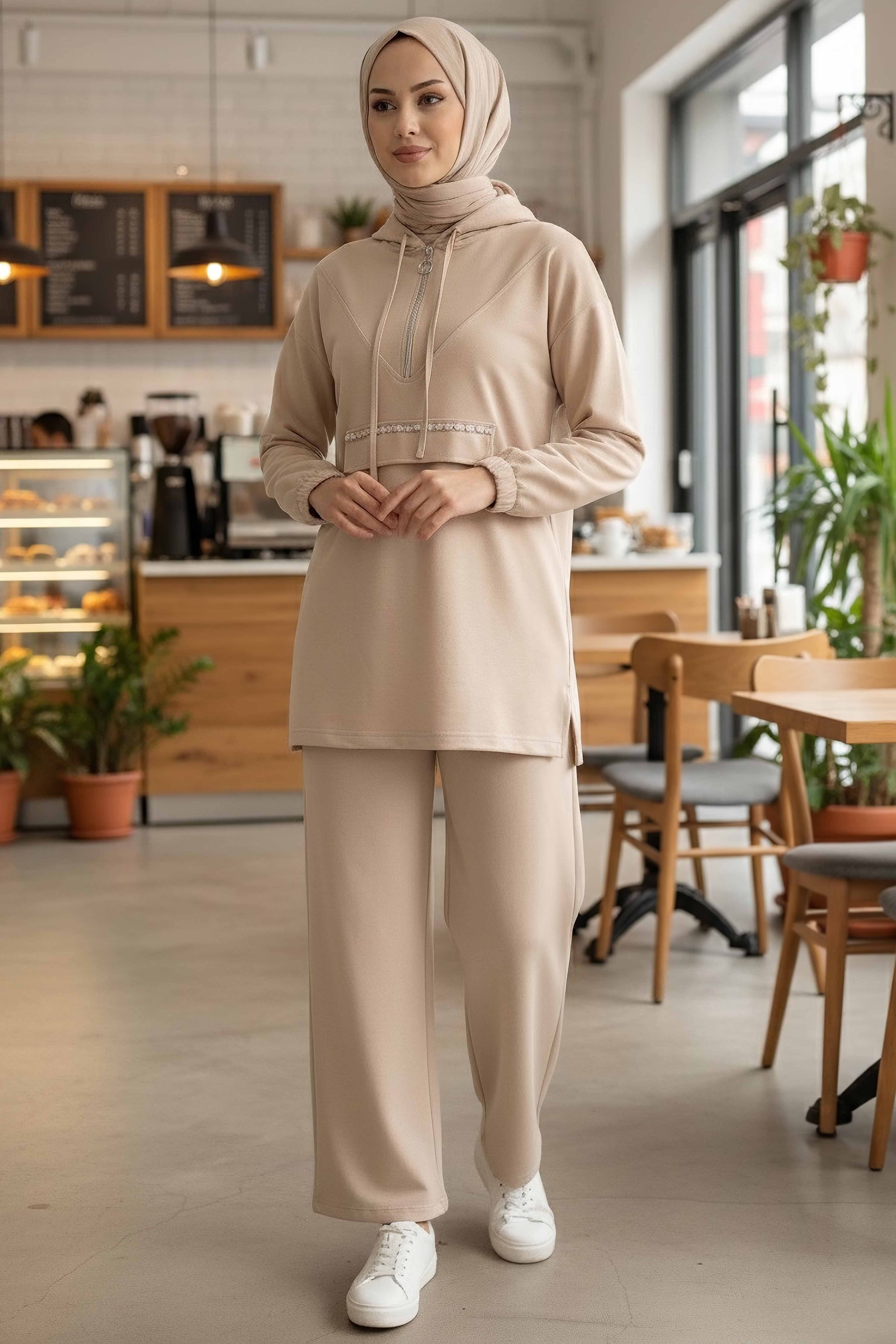 Taş Detaylı Bileği Lastikli Modal İkili Takım - 1001-KREM - 1