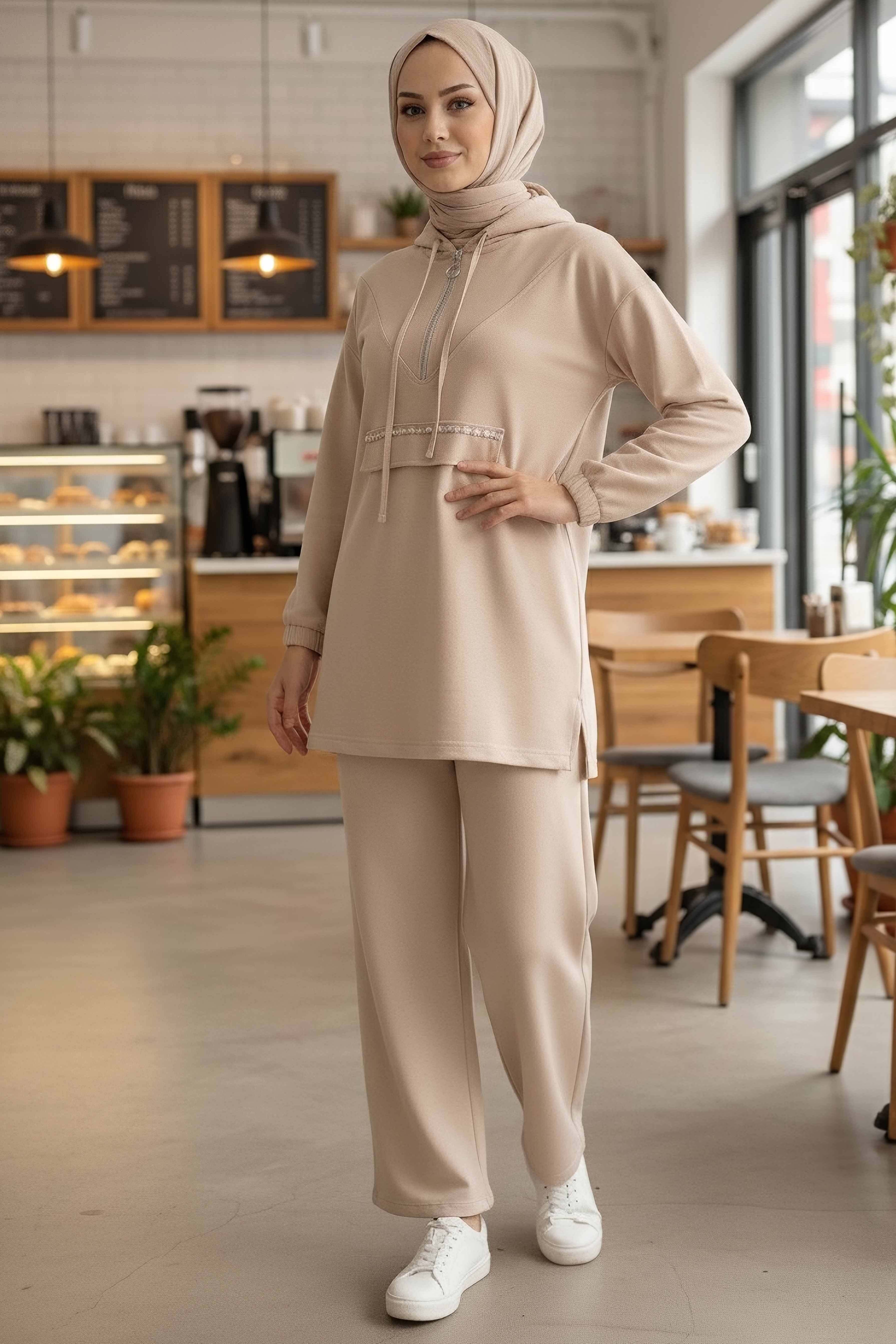 Taş Detaylı Bileği Lastikli Modal İkili Takım - 1001-KREM - 2