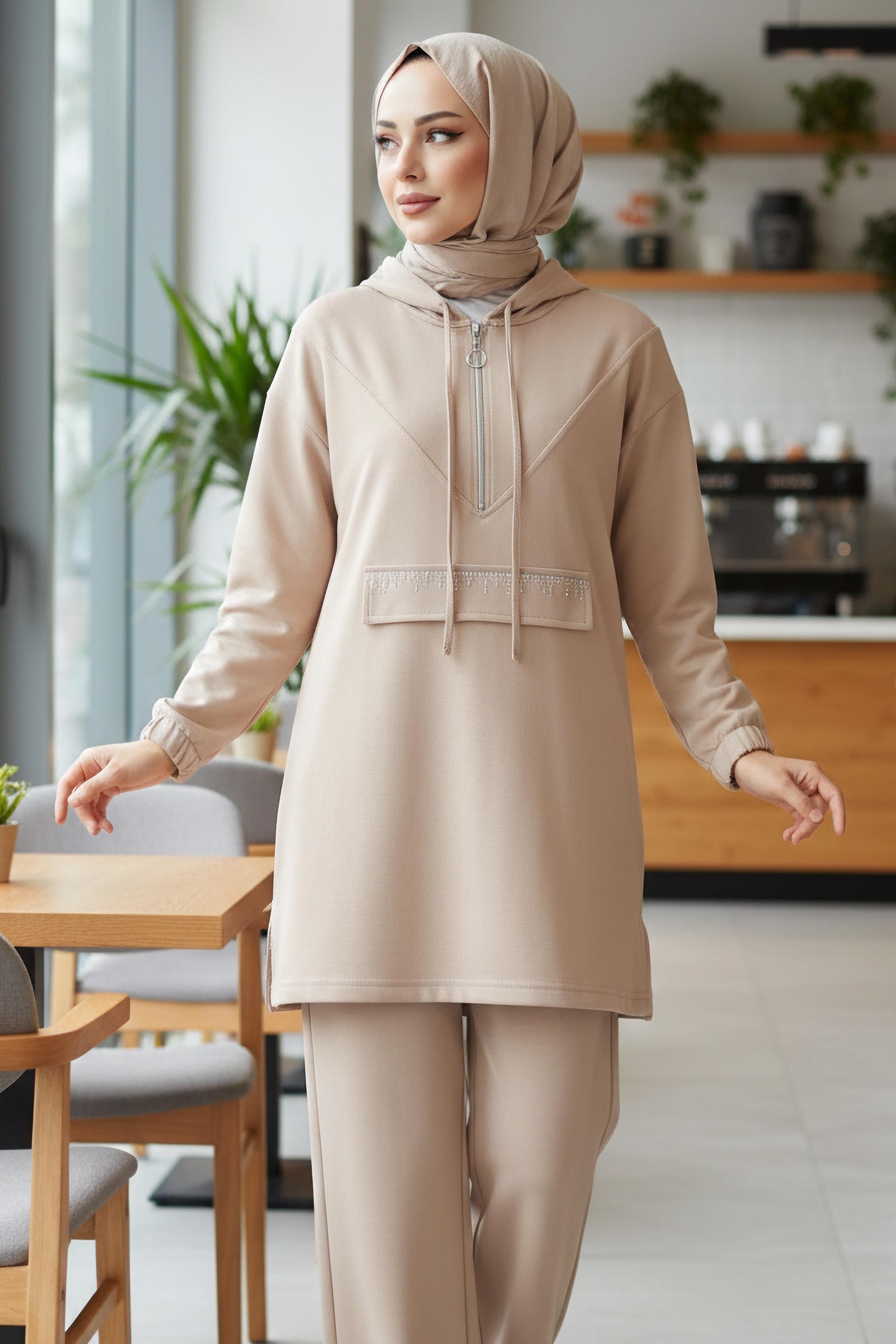 Taş Detaylı Bileği Lastikli Modal İkili Takım - 1001-KREM - 2