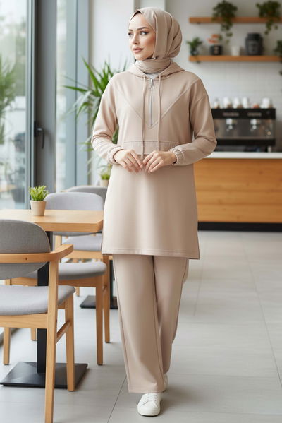 Taş Detaylı Bileği Lastikli Modal İkili Takım - 1001-KREM 