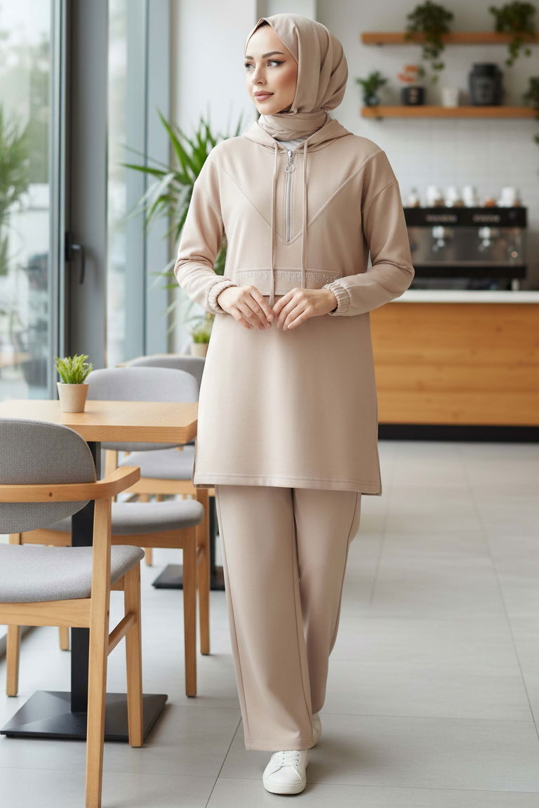 Taş Detaylı Bileği Lastikli Modal İkili Takım - 1001-KREM - TOFİSA