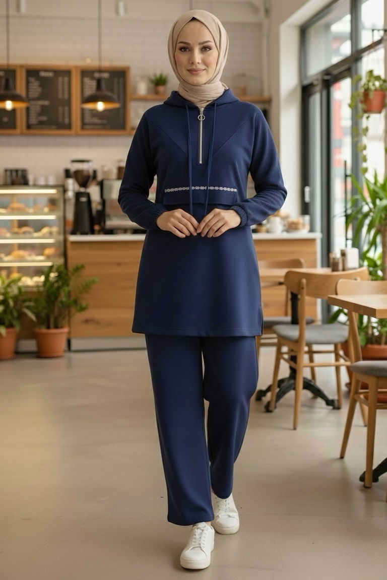 Taş Detaylı Bileği Lastikli Modal İkili Takım - 1001-LACIVERT - TOFİSA