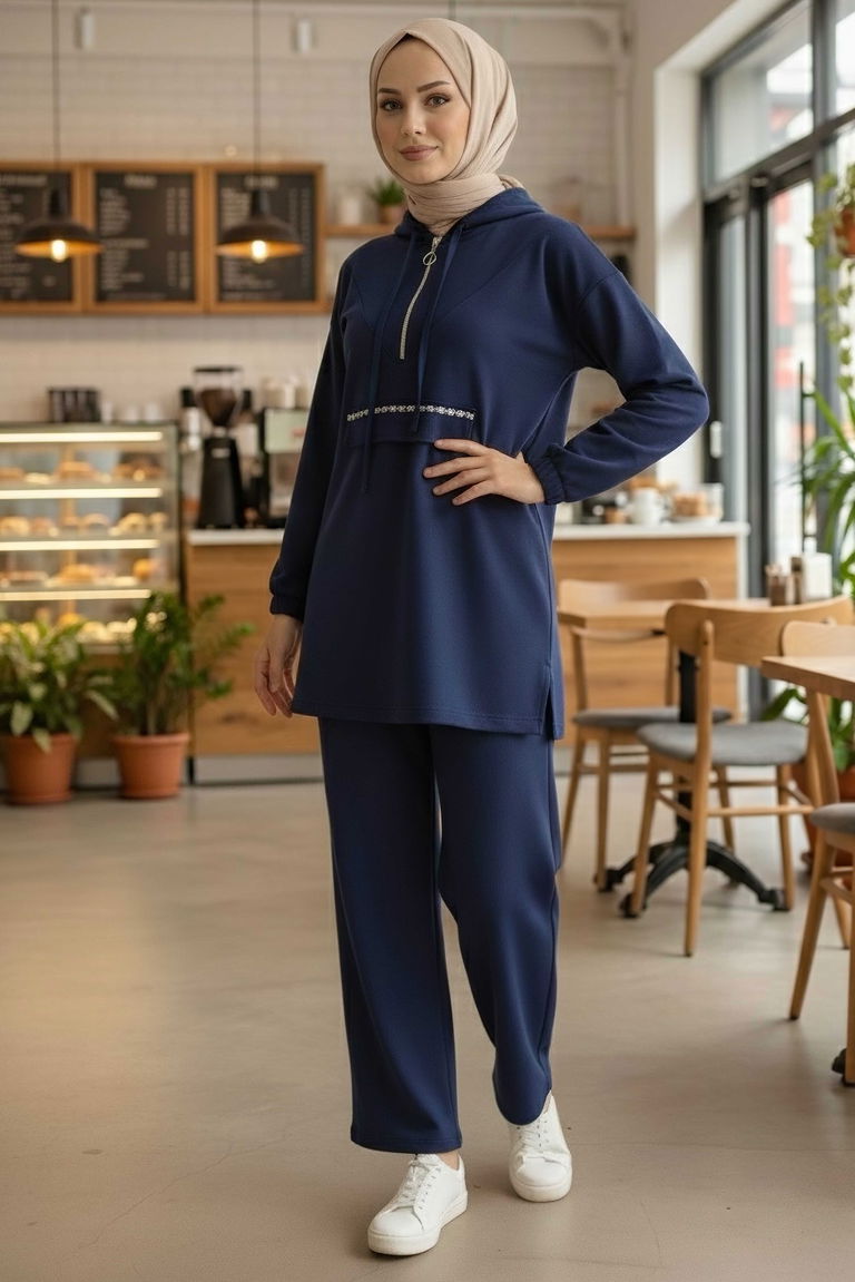 Taş Detaylı Bileği Lastikli Modal İkili Takım - 1001-LACIVERT - TOFİSA