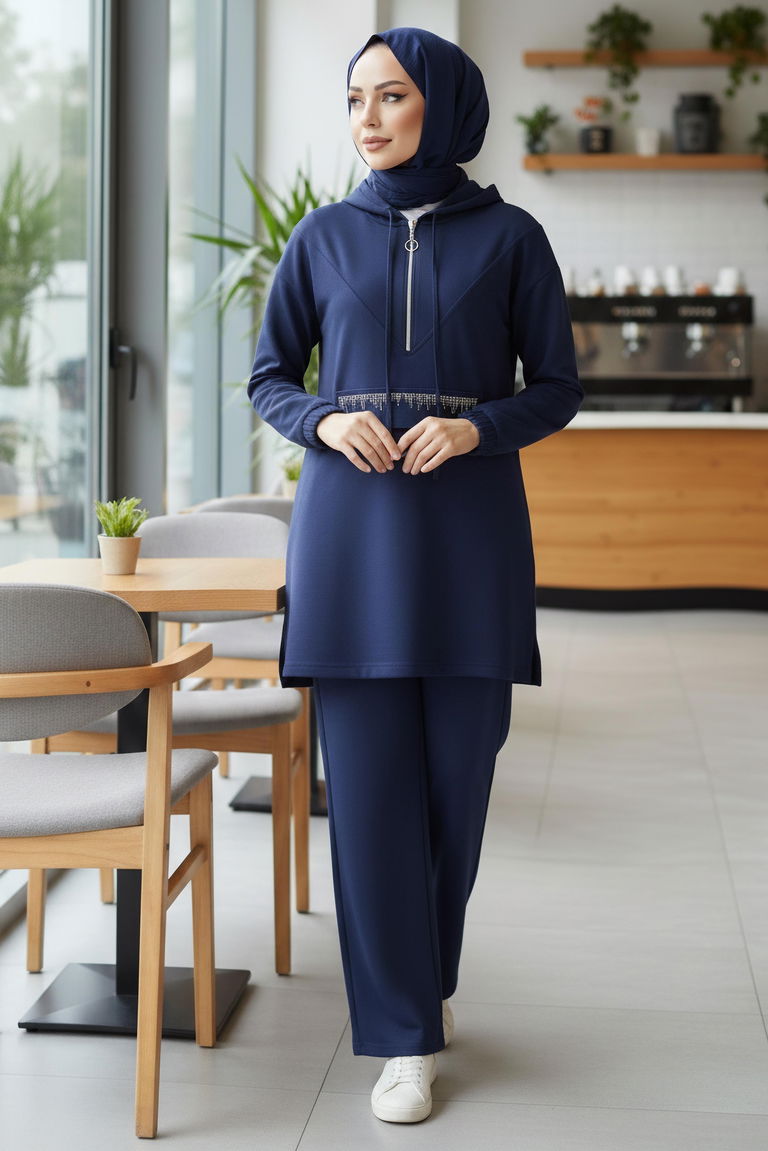 Taş Detaylı Bileği Lastikli Modal İkili Takım - 1001-LACIVERT - TOFİSA