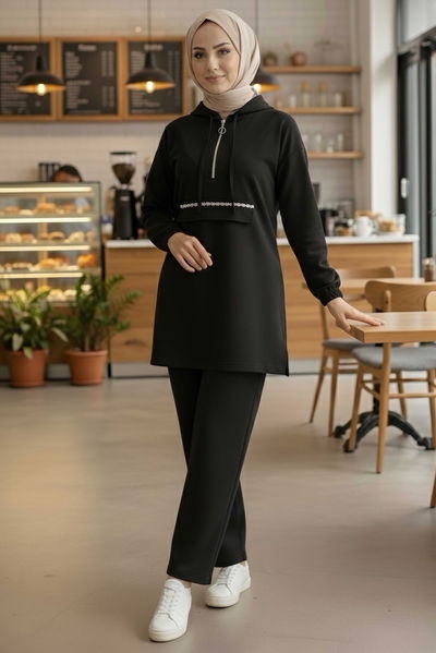 Taş Detaylı Bileği Lastikli Modal İkili Takım - 1001-SIYAH 