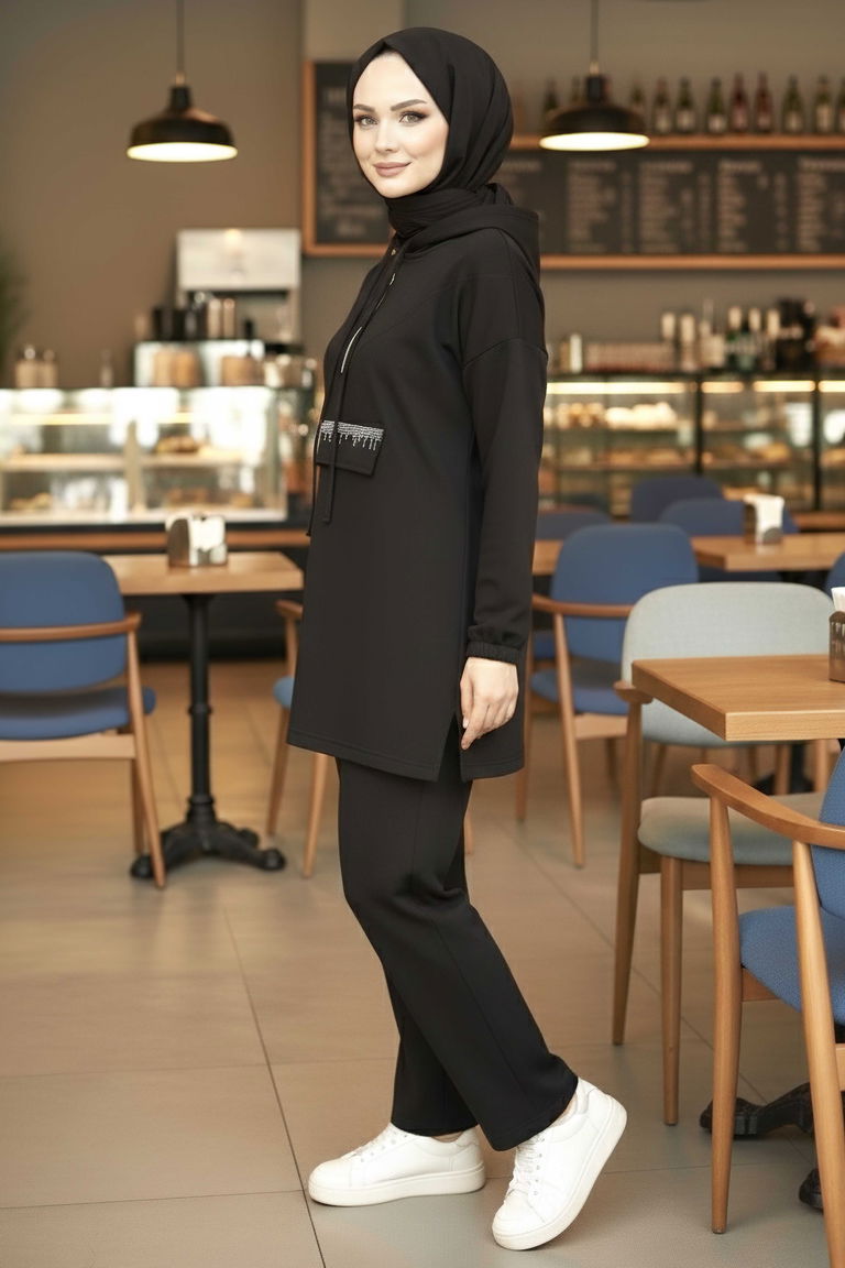 Taş Detaylı Bileği Lastikli Modal İkili Takım - 1001-SIYAH - TOFİSA