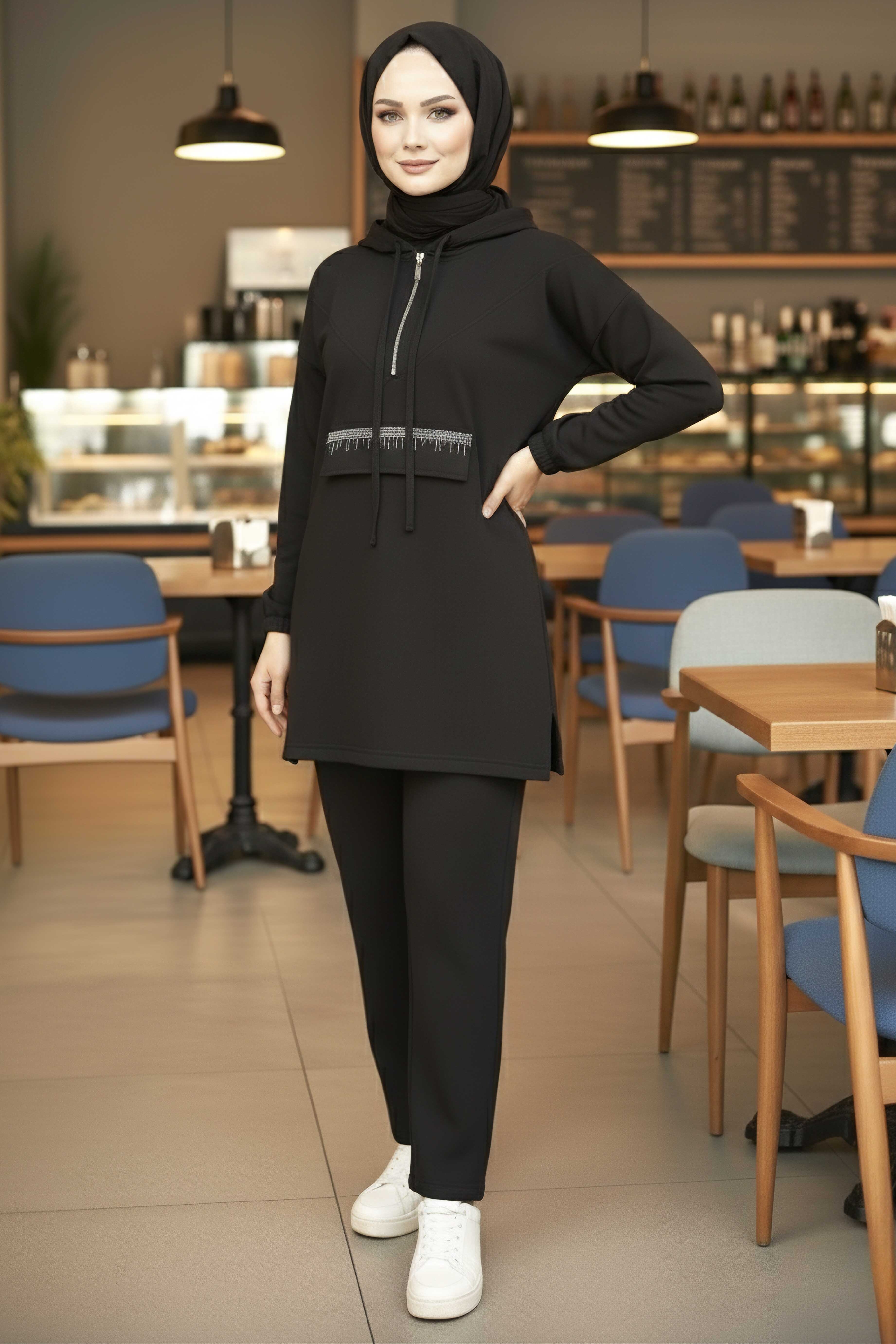 Taş Detaylı Bileği Lastikli Modal İkili Takım - 1001-SIYAH - 1