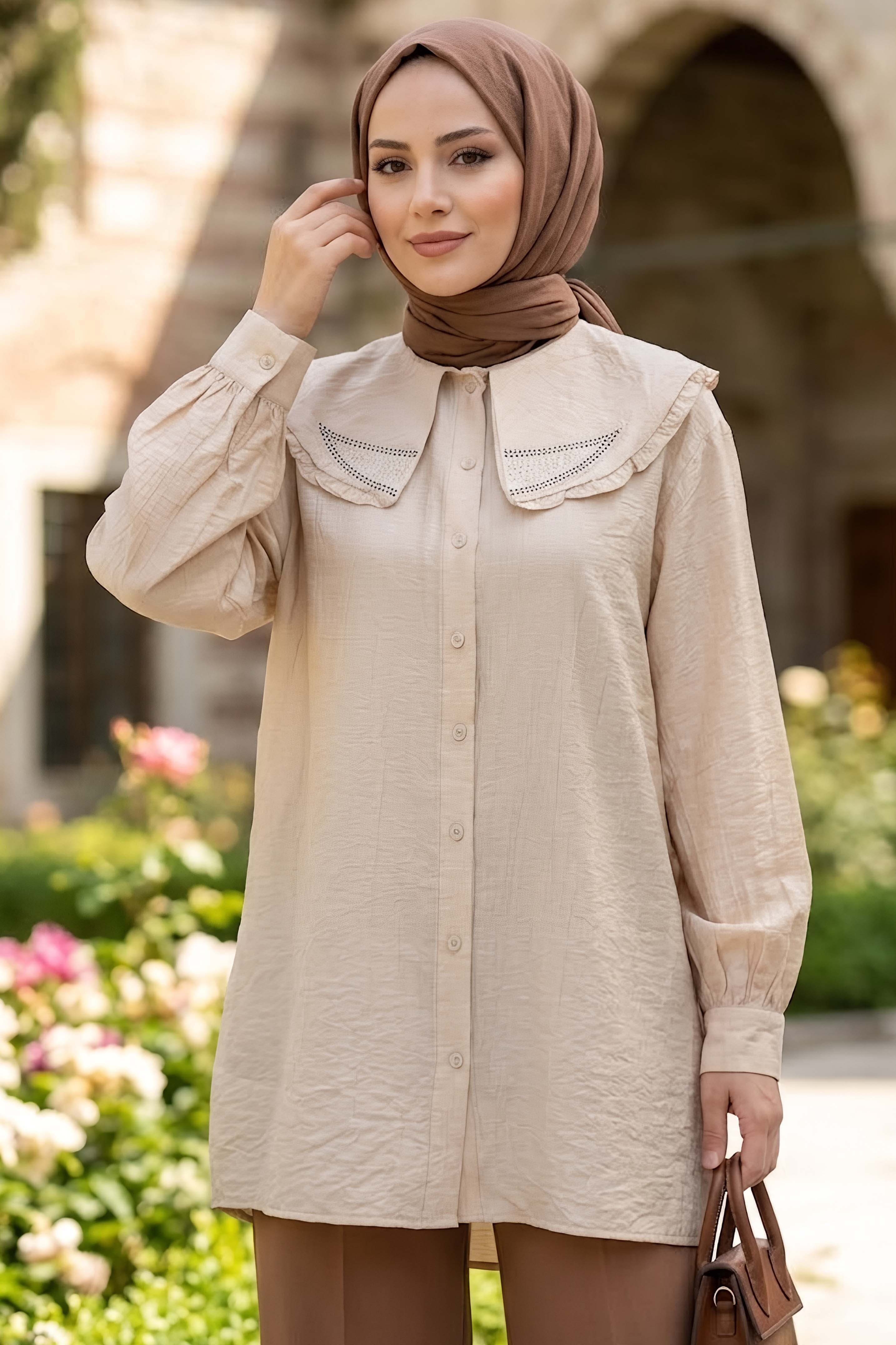 Taş Detaylı Çilek Tunik Bej - 1326-BEJ - 1