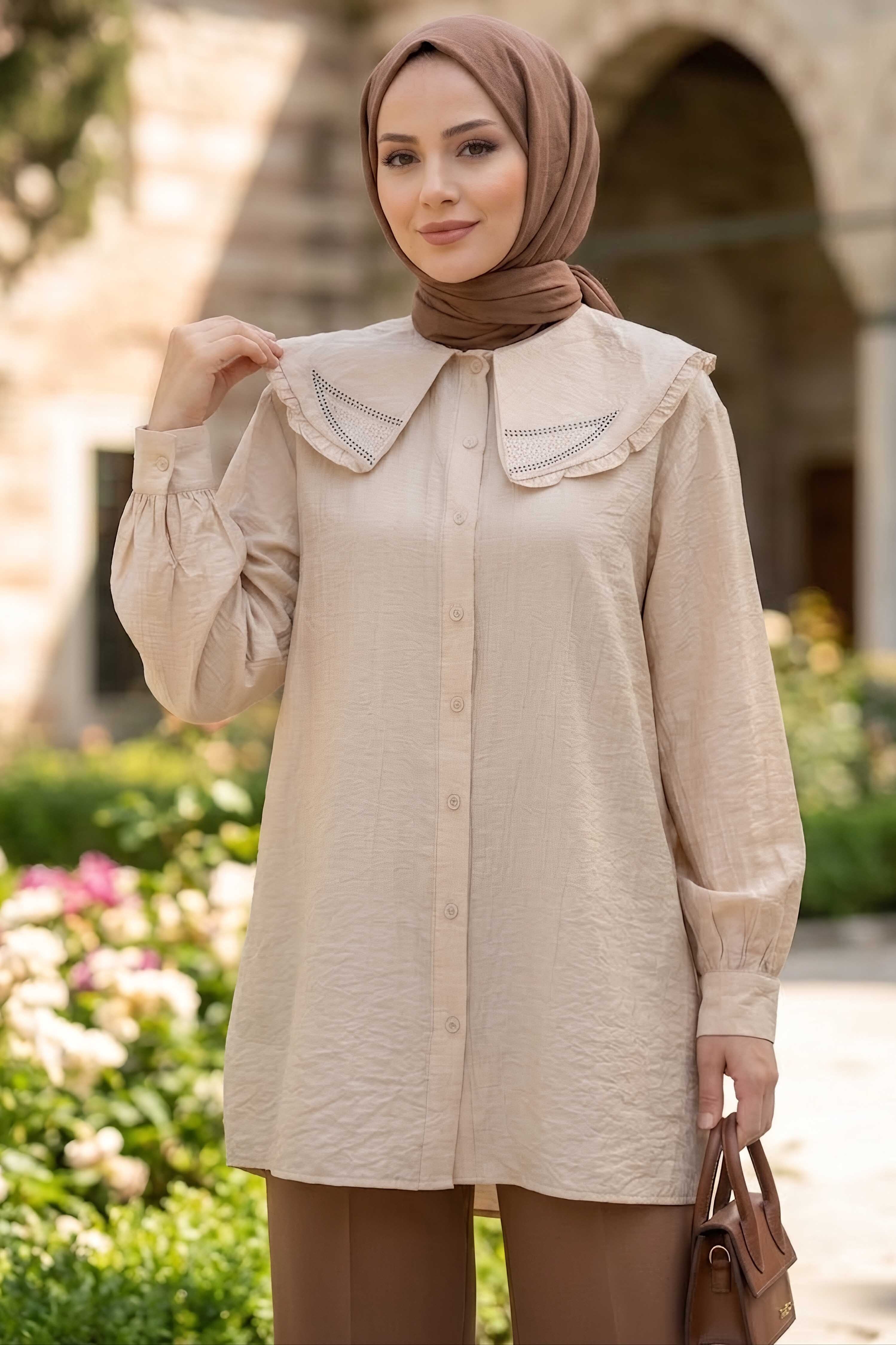 Taş Detaylı Çilek Tunik Bej - 1326-BEJ - 2