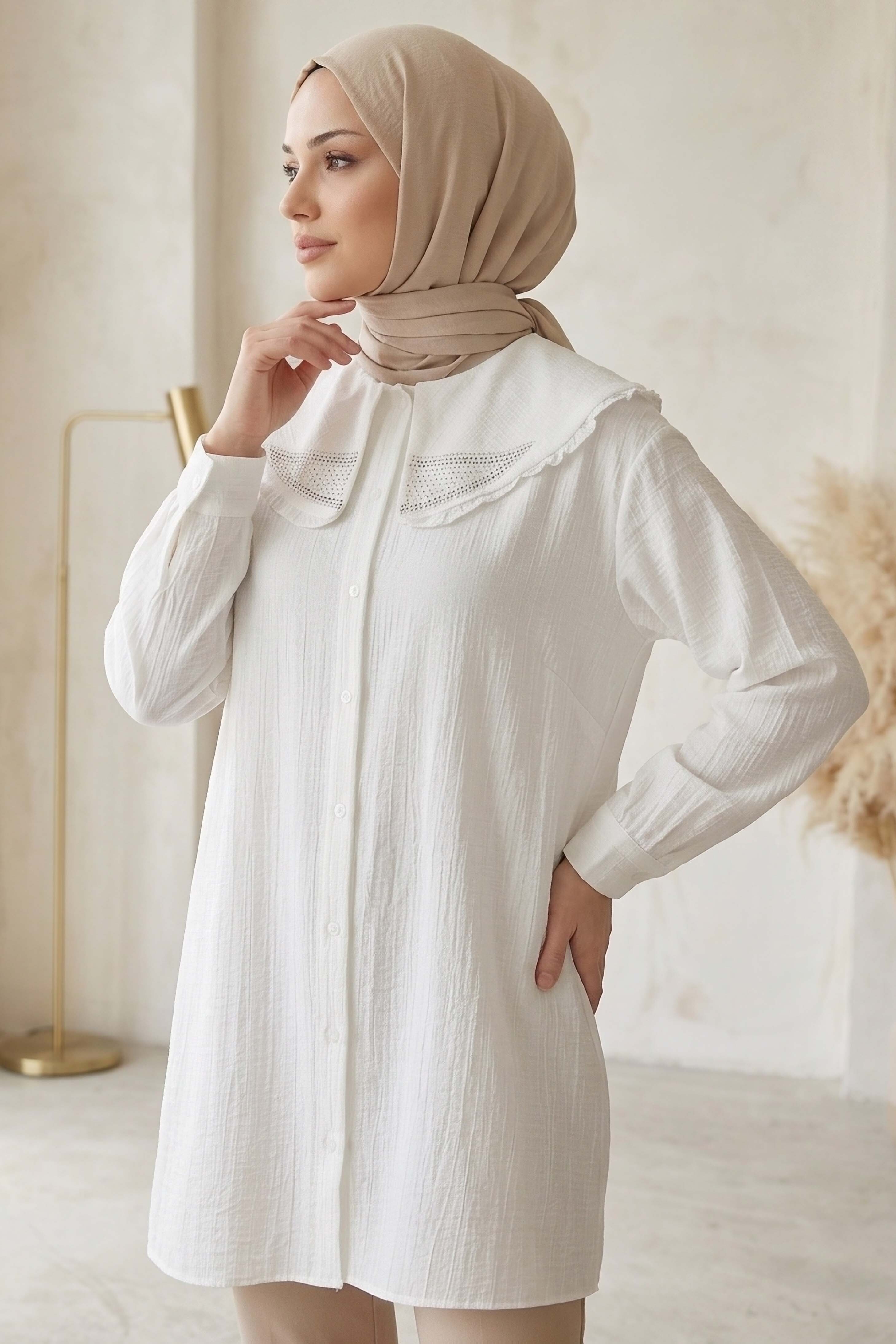 Taş Detaylı Çilek Tunik Beyaz - 1326-BEYAZ - 1