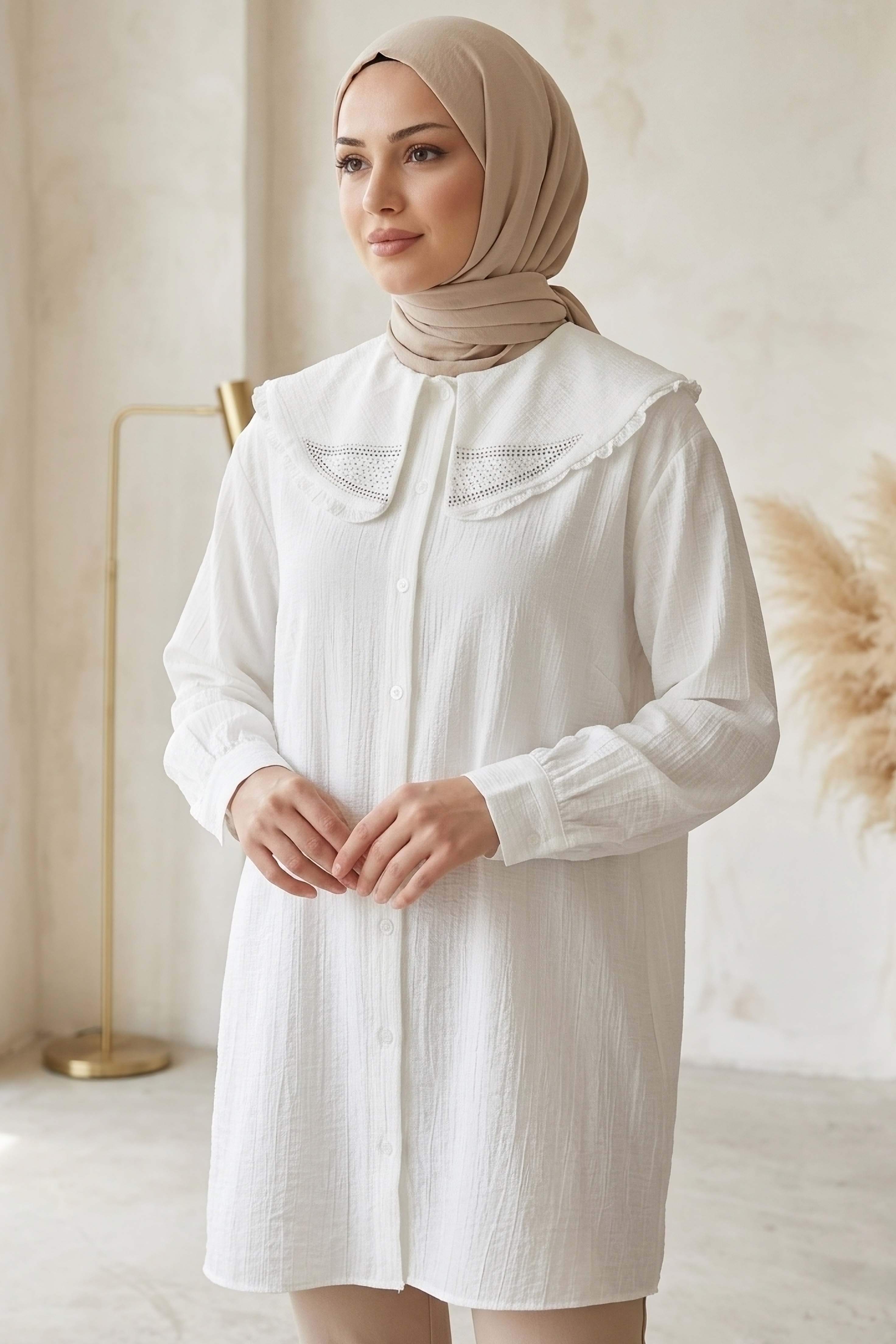 Taş Detaylı Çilek Tunik Beyaz - 1326-BEYAZ - 2