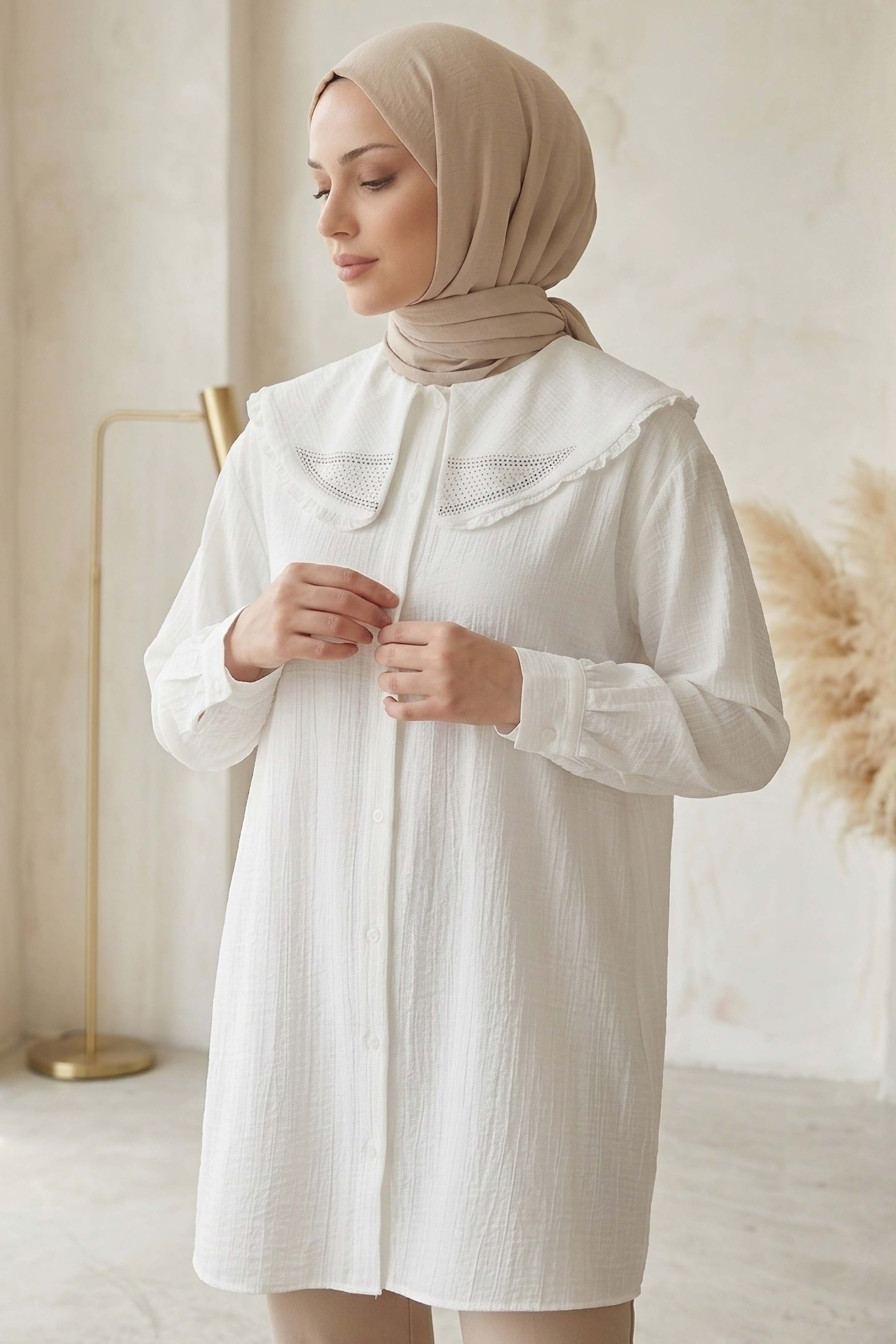 Taş Detaylı Çilek Tunik Beyaz - 1326-BEYAZ - 3