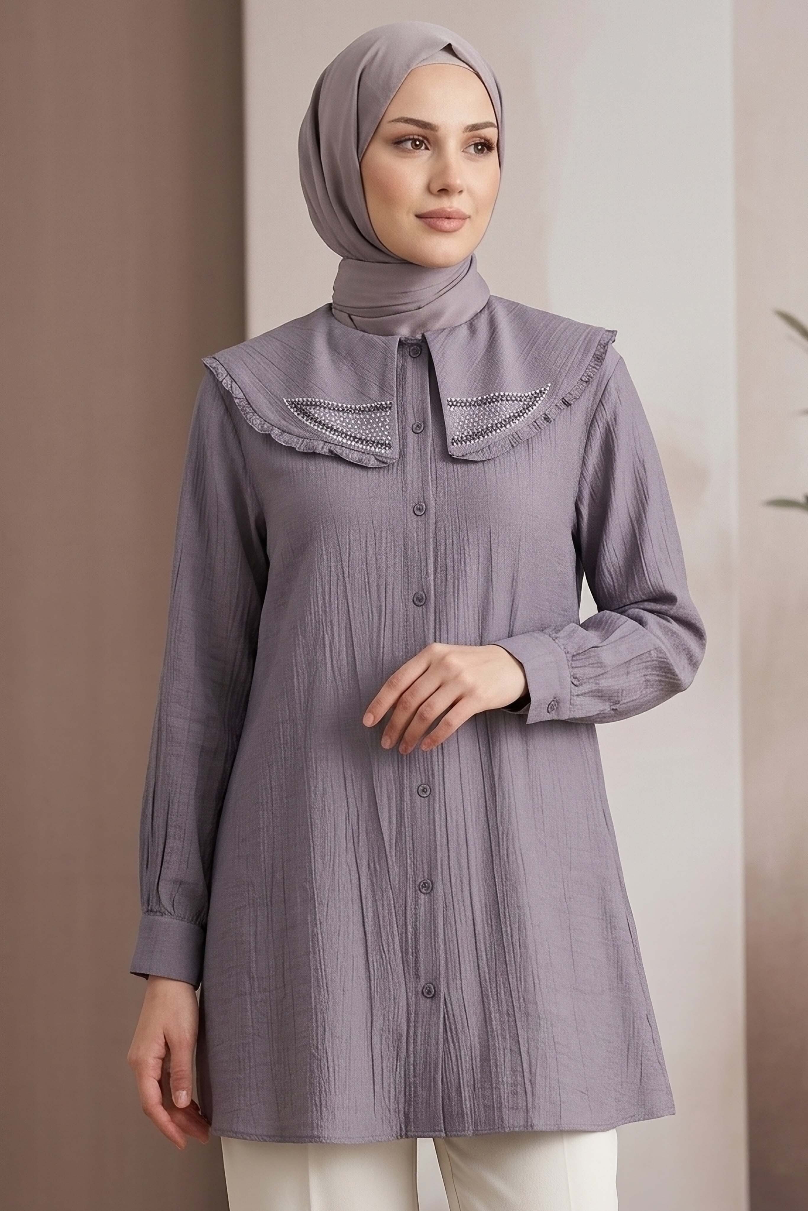Taş Detaylı Çilek Tunik Füme - 1326-FUME - 1