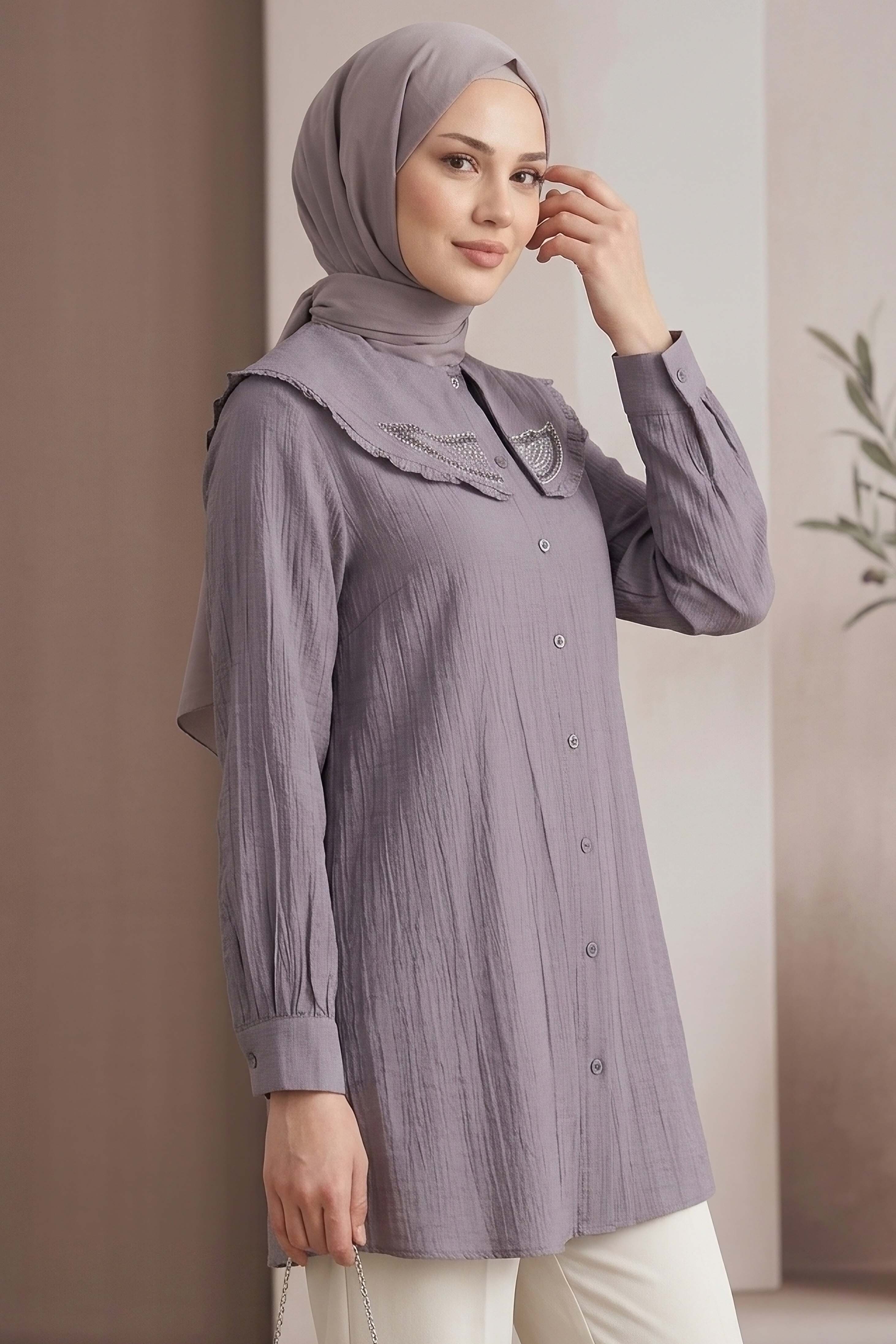 Taş Detaylı Çilek Tunik Füme - 1326-FUME - 2