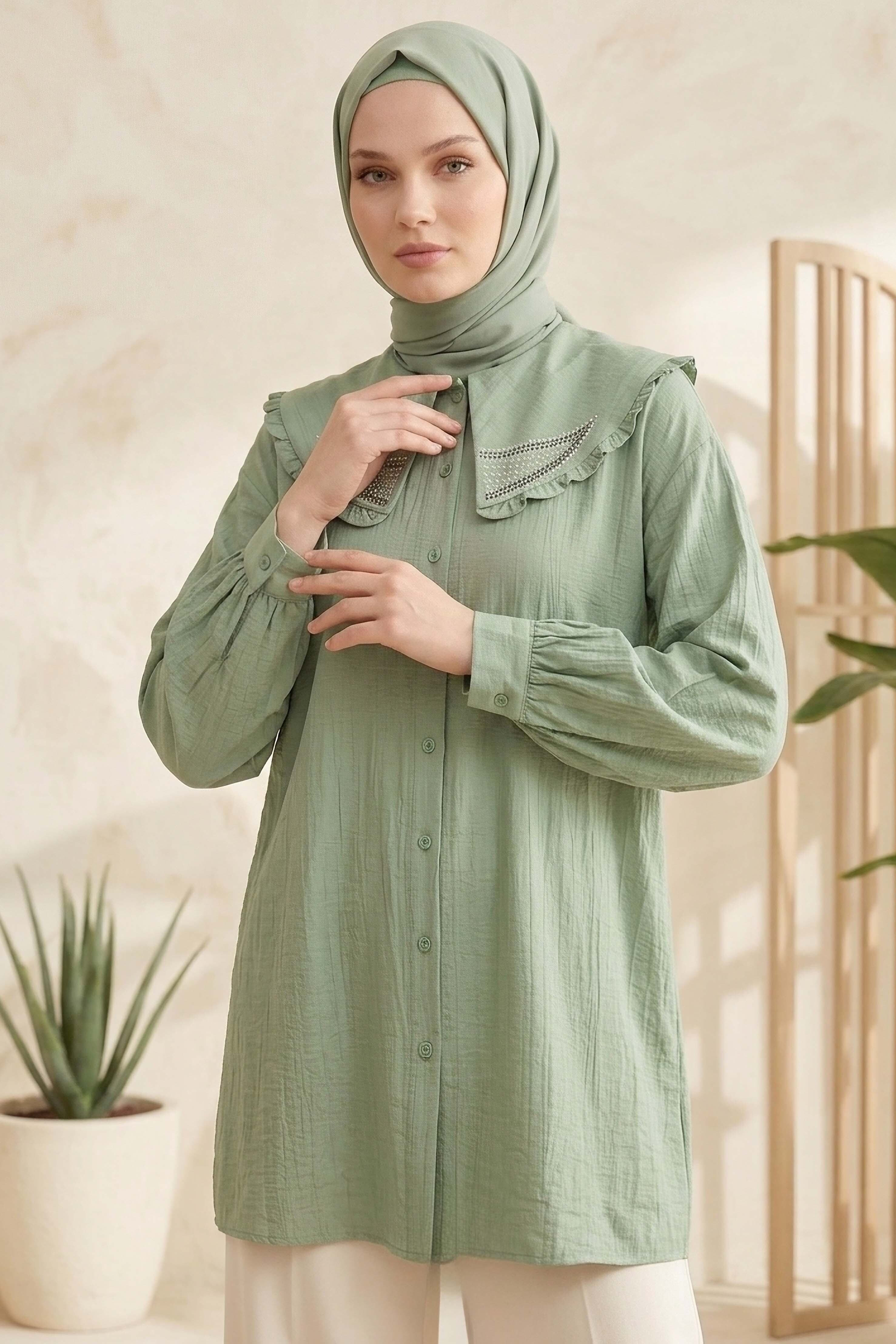 Taş Detaylı Çilek Tunik Haki - 1326-HAKI - 2