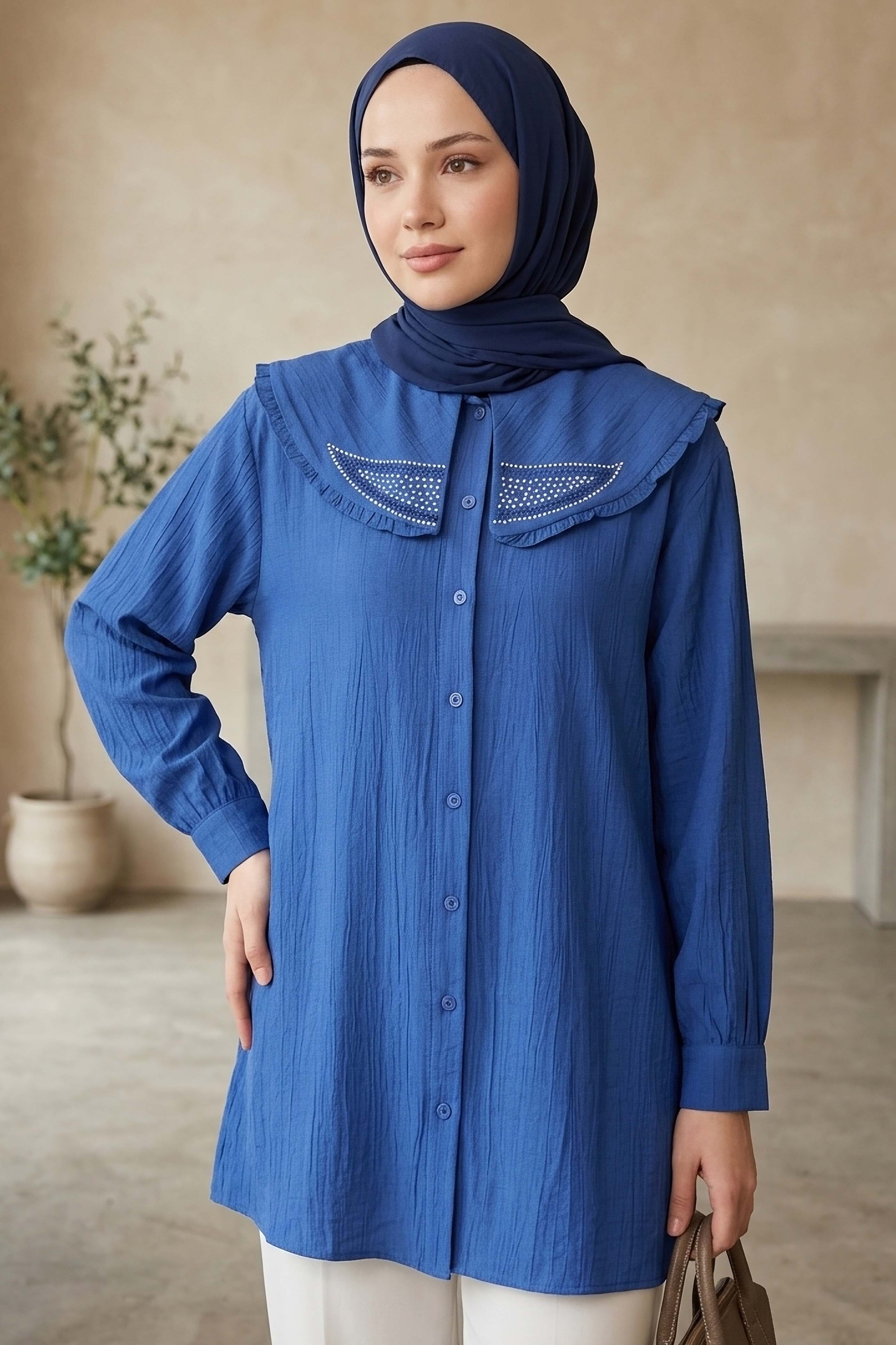 Taş Detaylı Çilek Tunik Indigo - 1326-INDIGO - 1