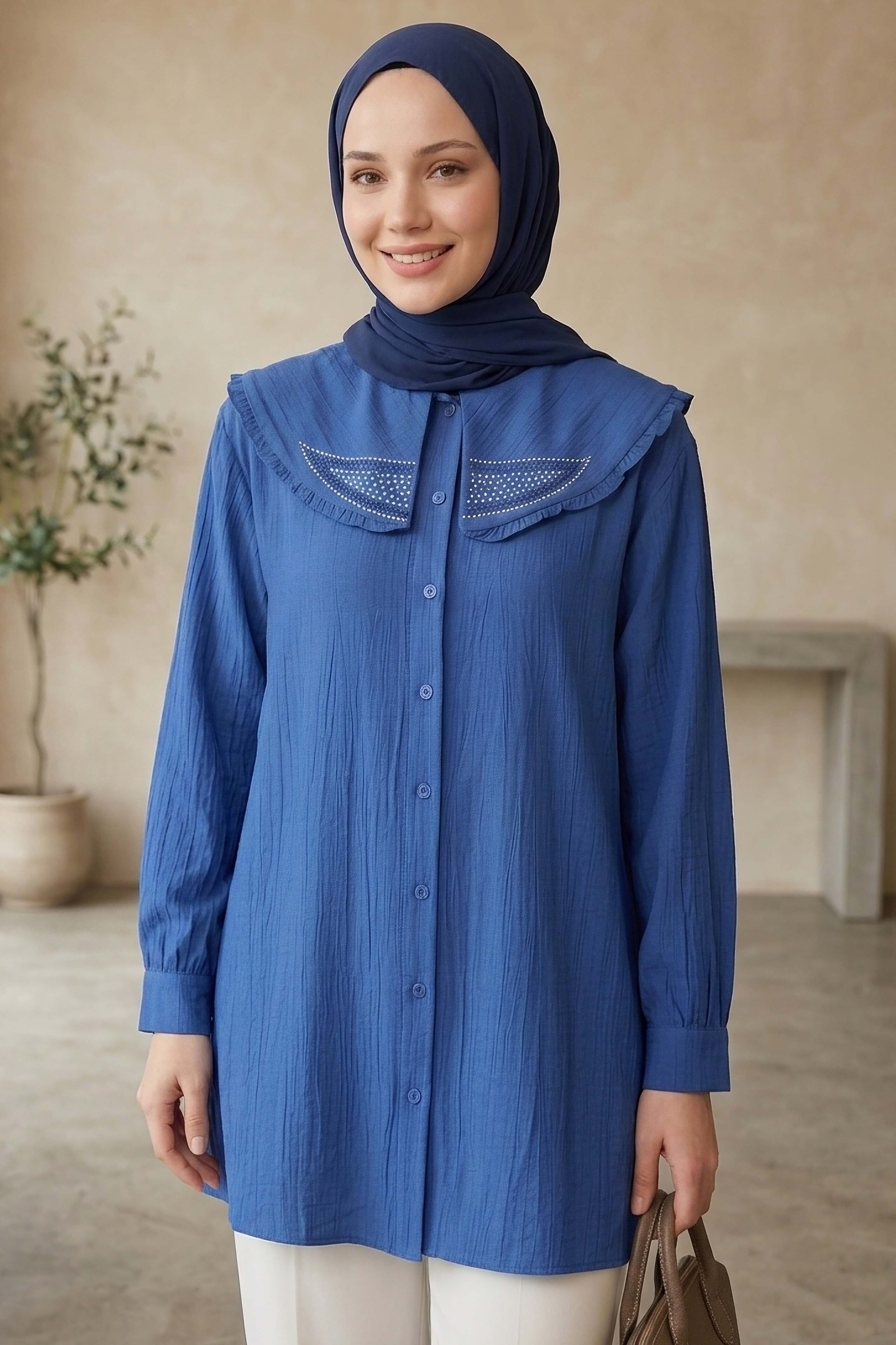 Taş Detaylı Çilek Tunik Indigo - 1326-INDIGO - 2