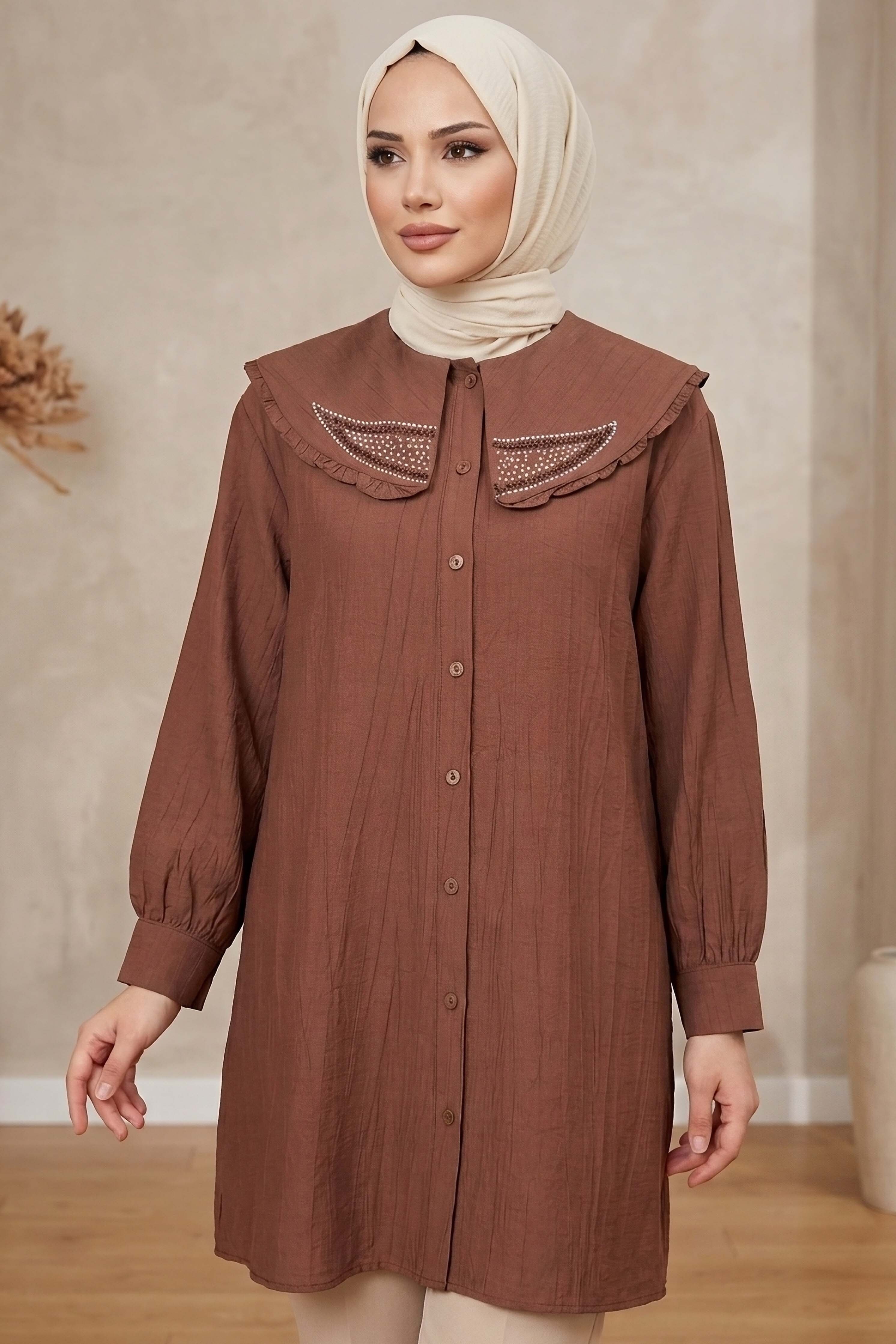 Taş Detaylı Çilek Tunik Kahve - 1326-KAHVE - 1