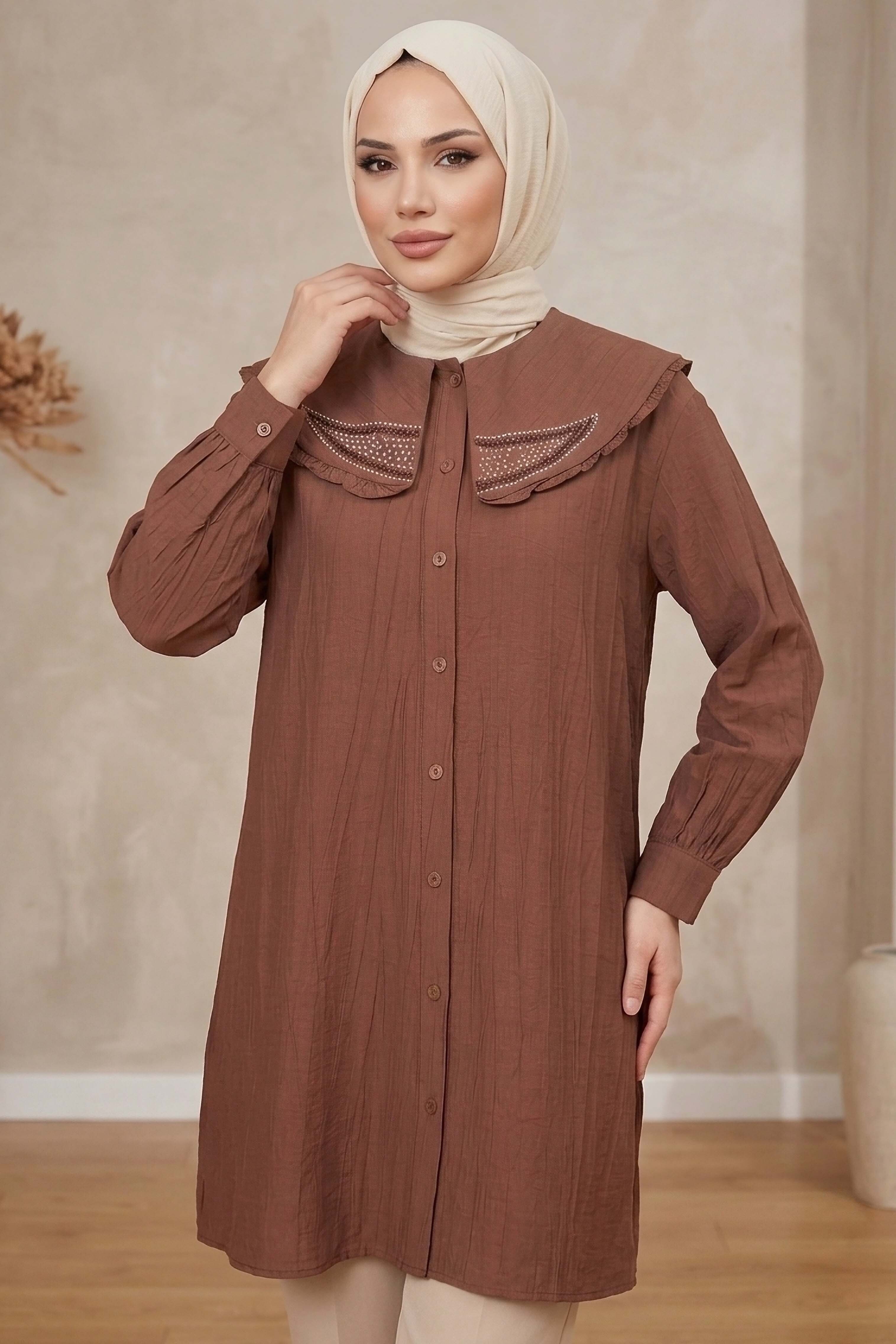Taş Detaylı Çilek Tunik Kahve - 1326-KAHVE - 2