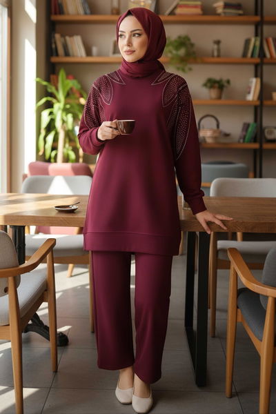 Taş Detaylı Modal İkili Takım - 28045-BORDO 