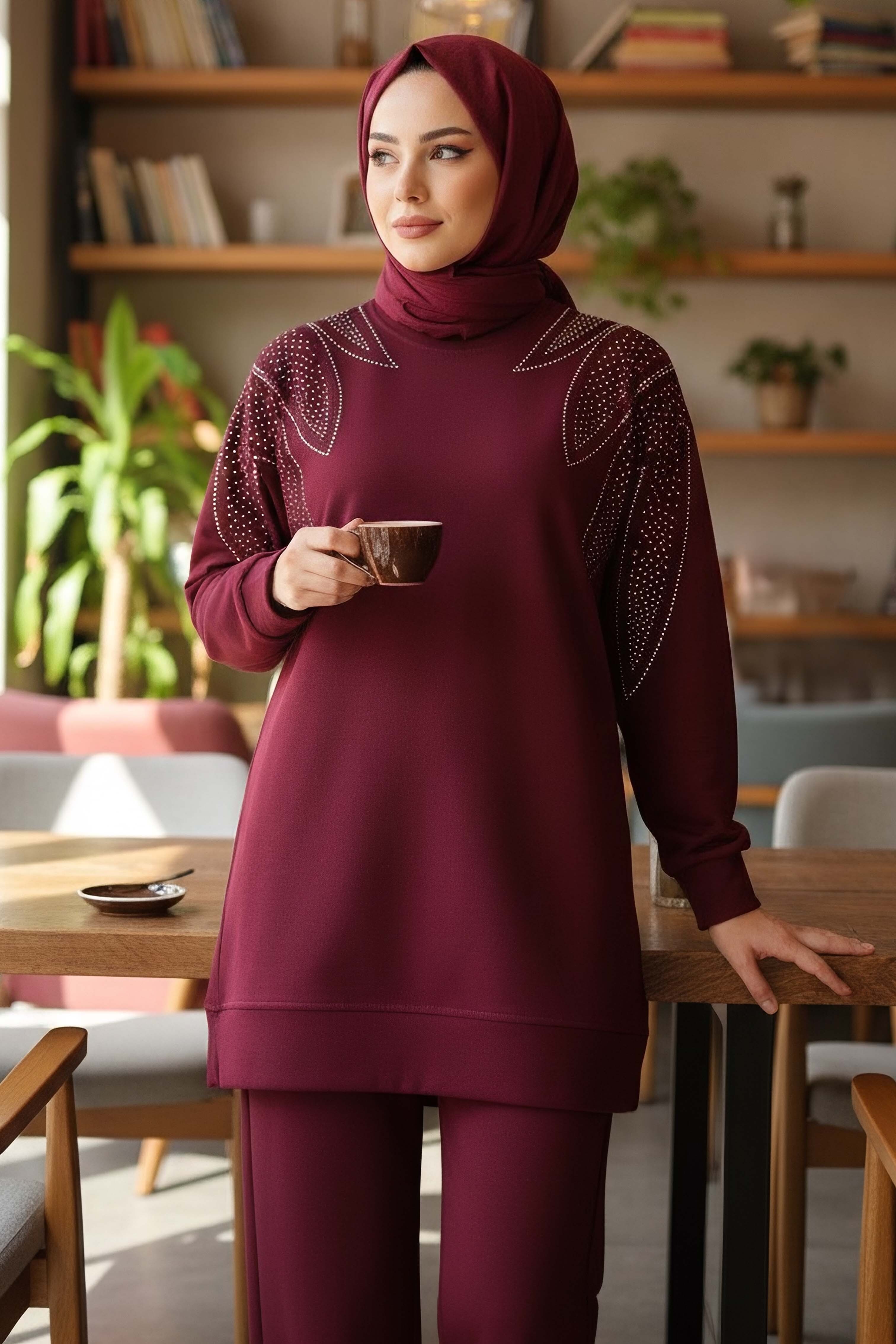 Taş Detaylı Modal İkili Takım - 28045-BORDO - 2