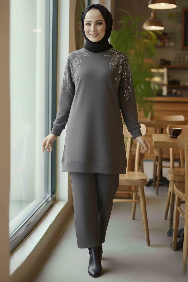 Taş Detaylı Modal İkili Takım - 28045-FUME - TOFİSA