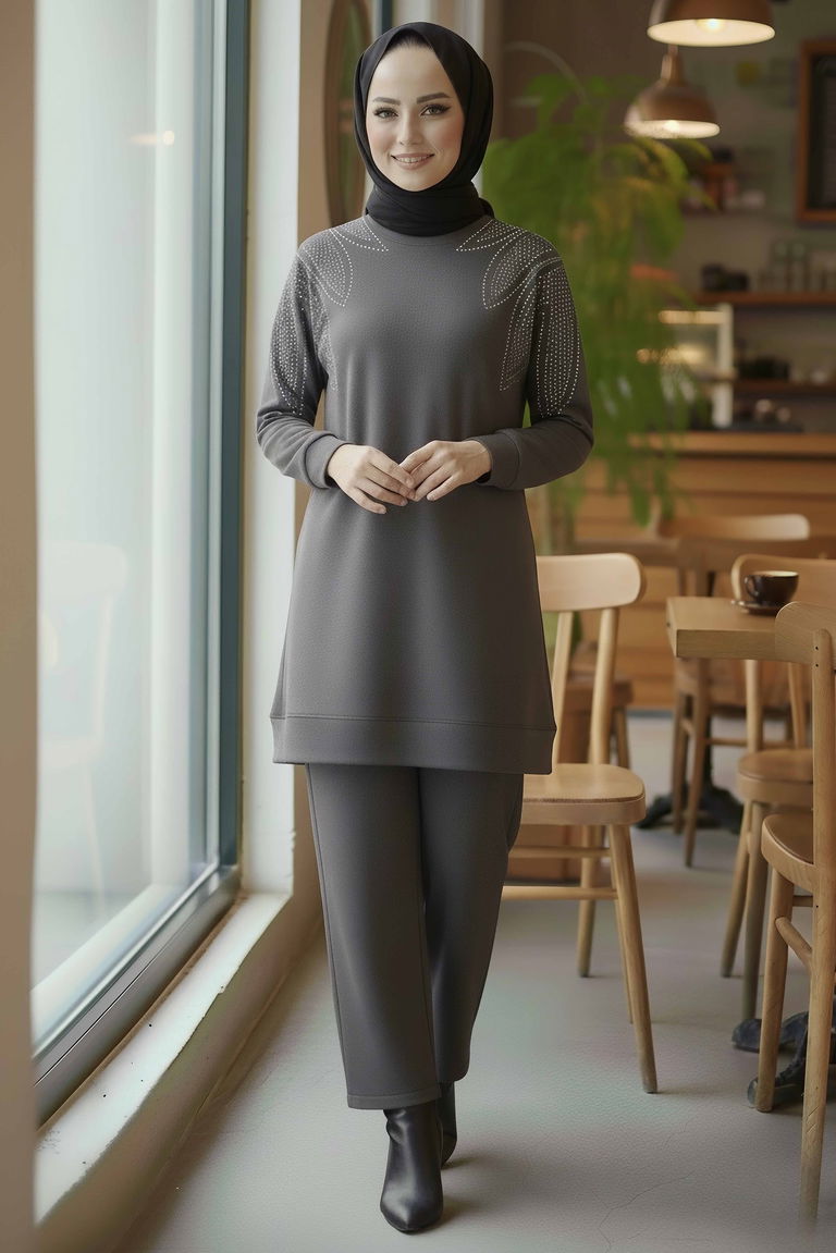 Taş Detaylı Modal İkili Takım - 28045-FUME - TOFİSA