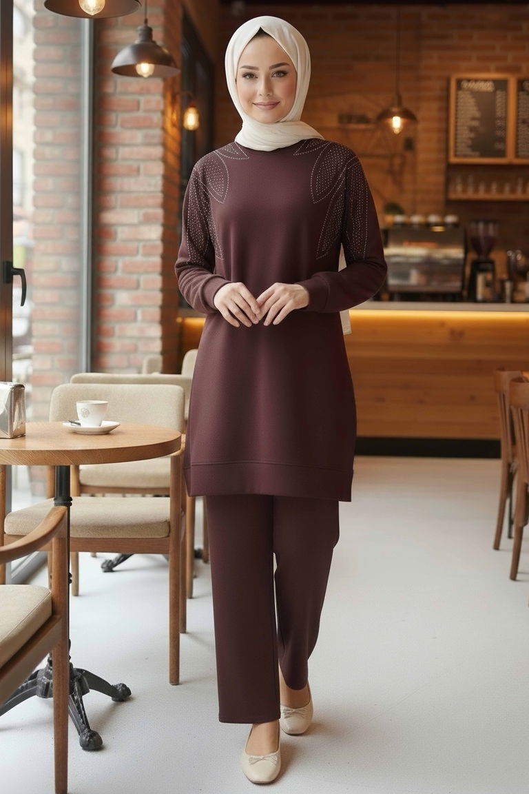 Taş Detaylı Modal İkili Takım - 28045-KAHVE - TOFİSA