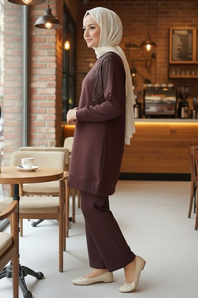 Taş Detaylı Modal İkili Takım - 28045-KAHVE - TOFİSA