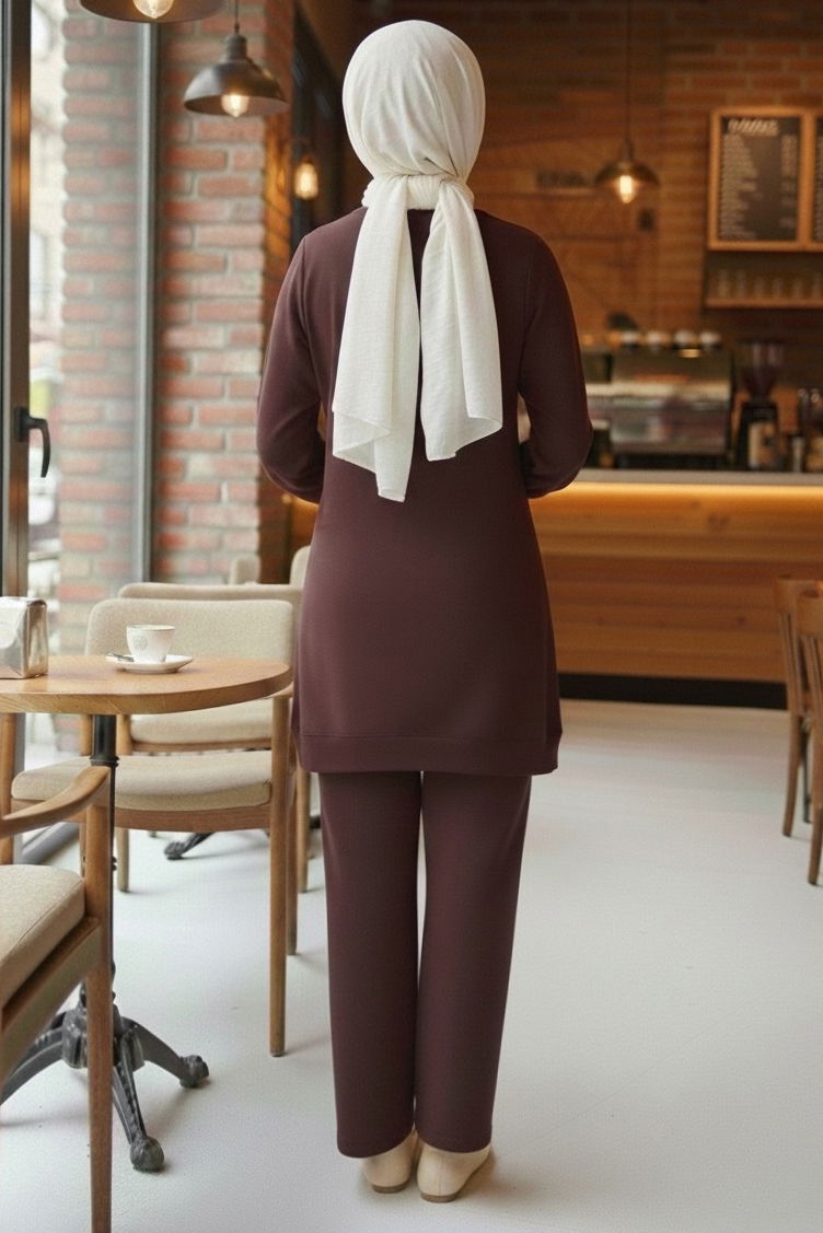 Taş Detaylı Modal İkili Takım - 28045-KAHVE - 3