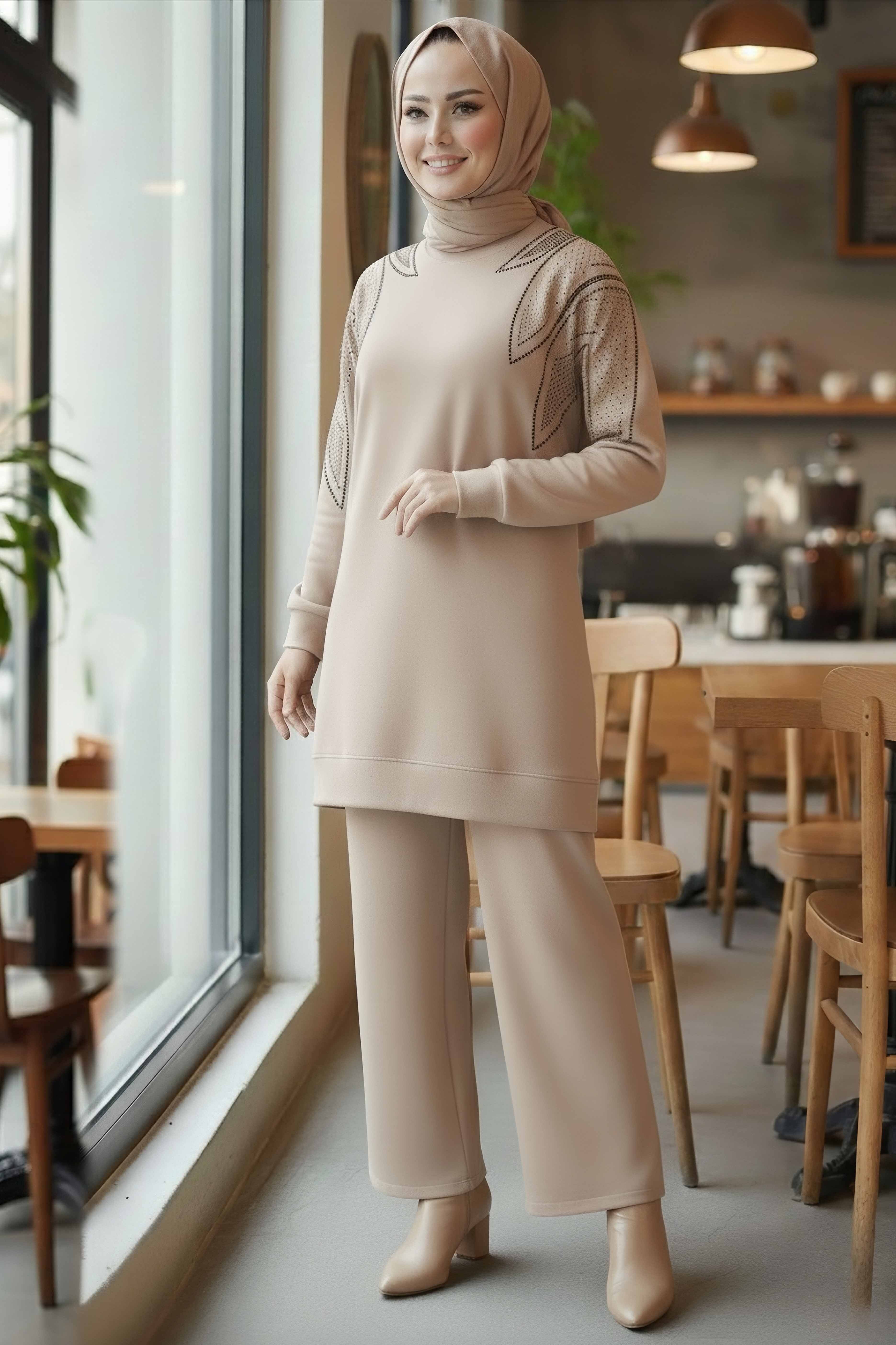 Taş Detaylı Modal İkili Takım - 28045-KREM - 1