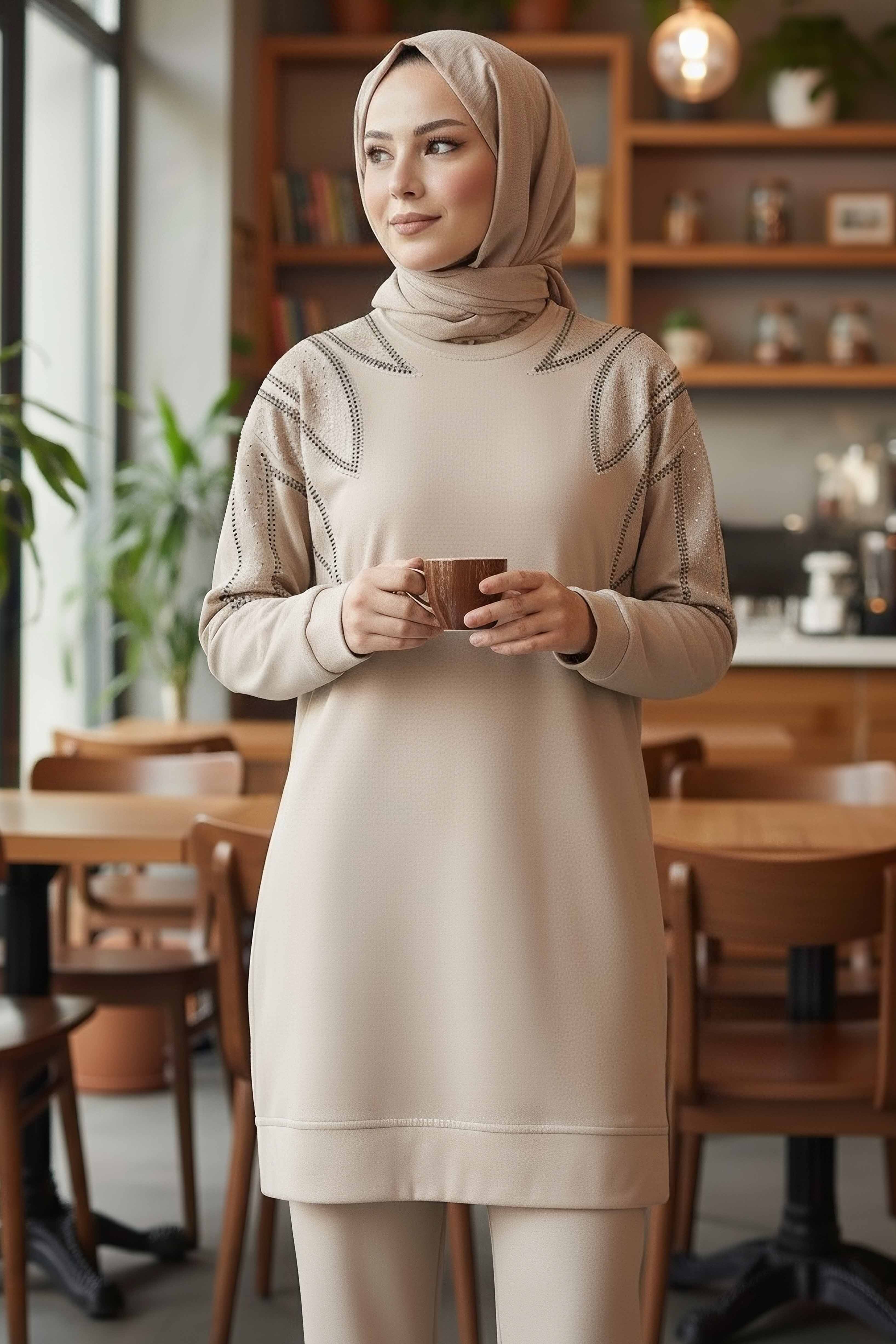 Taş Detaylı Modal İkili Takım - 28045-KREM - 2