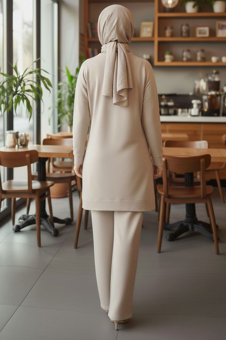 Taş Detaylı Modal İkili Takım - 28045-KREM - TOFİSA