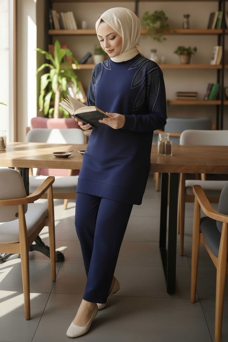 Taş Detaylı Modal İkili Takım - 28045-LACIVERT - TOFİSA