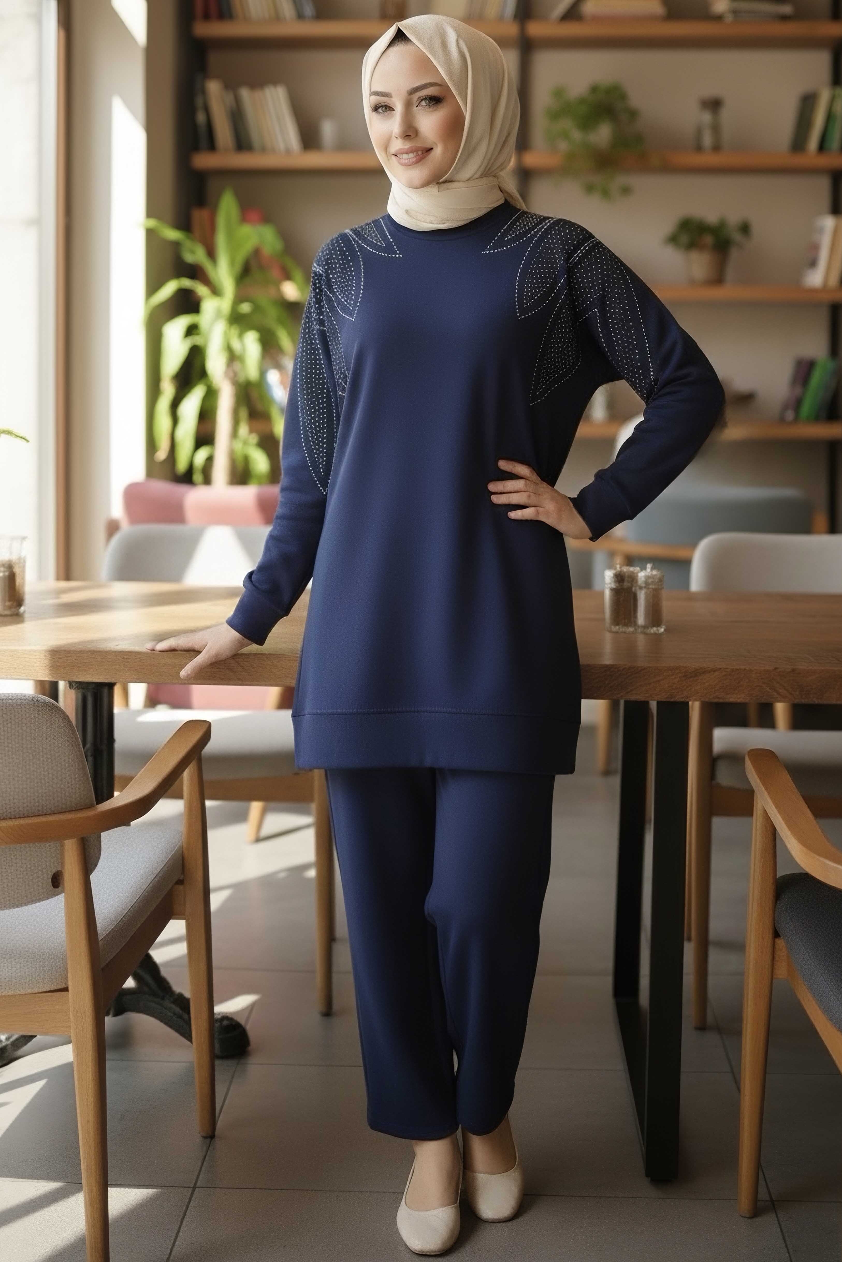 Taş Detaylı Modal İkili Takım - 28045-LACIVERT - 2