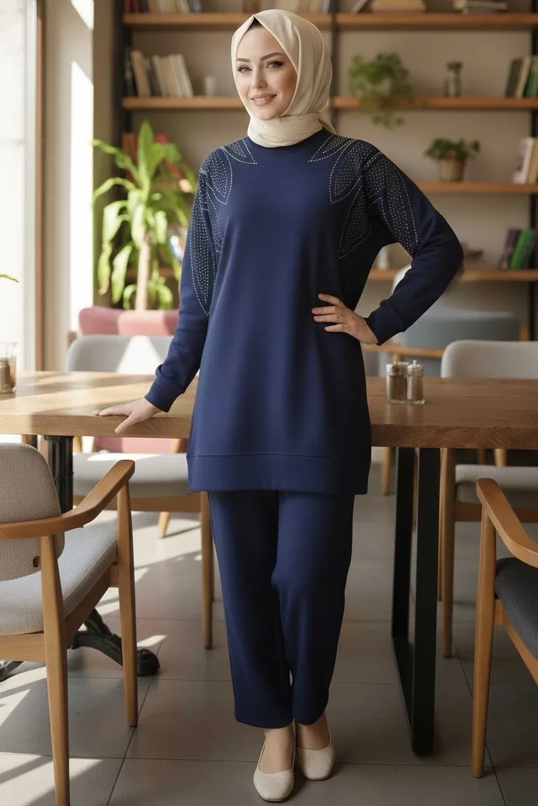 Taş Detaylı Modal İkili Takım - 28045-LACIVERT - TOFİSA