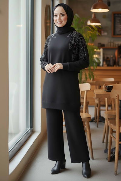 Taş Detaylı Modal İkili Takım - 28045-SIYAH 