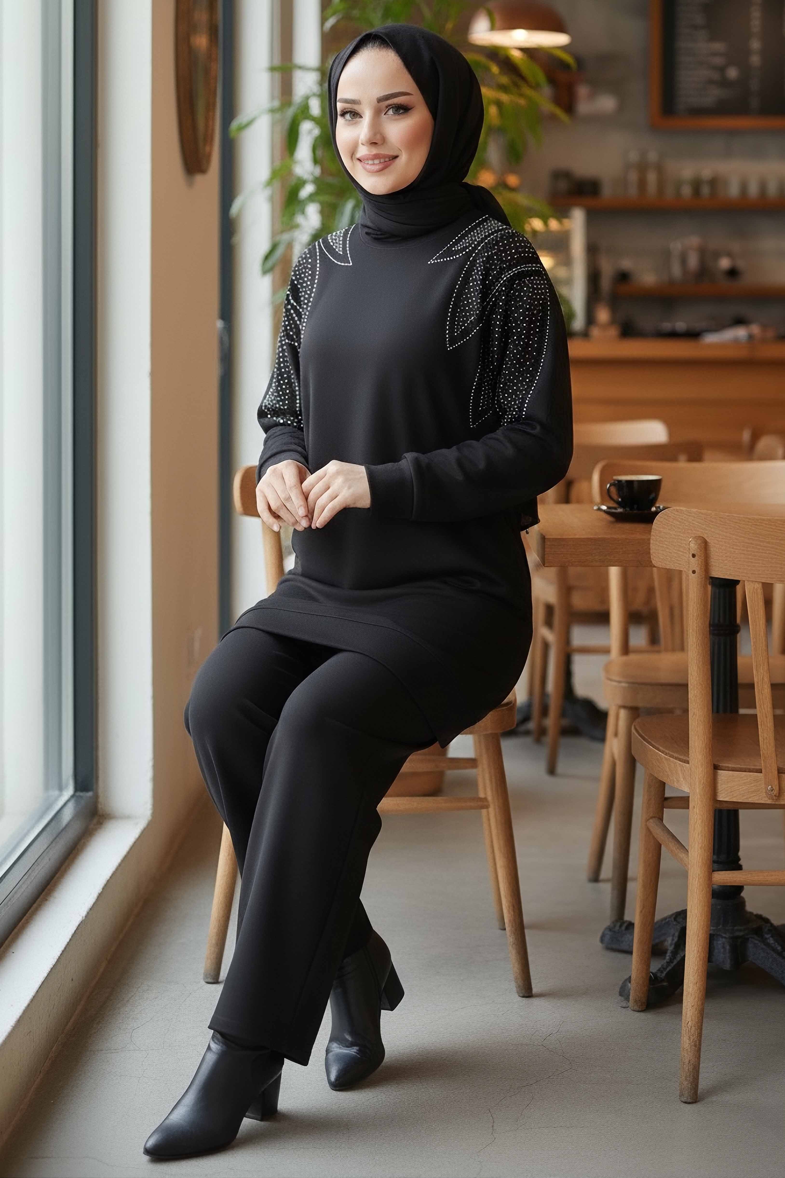 Taş Detaylı Modal İkili Takım - 28045-SIYAH - 2